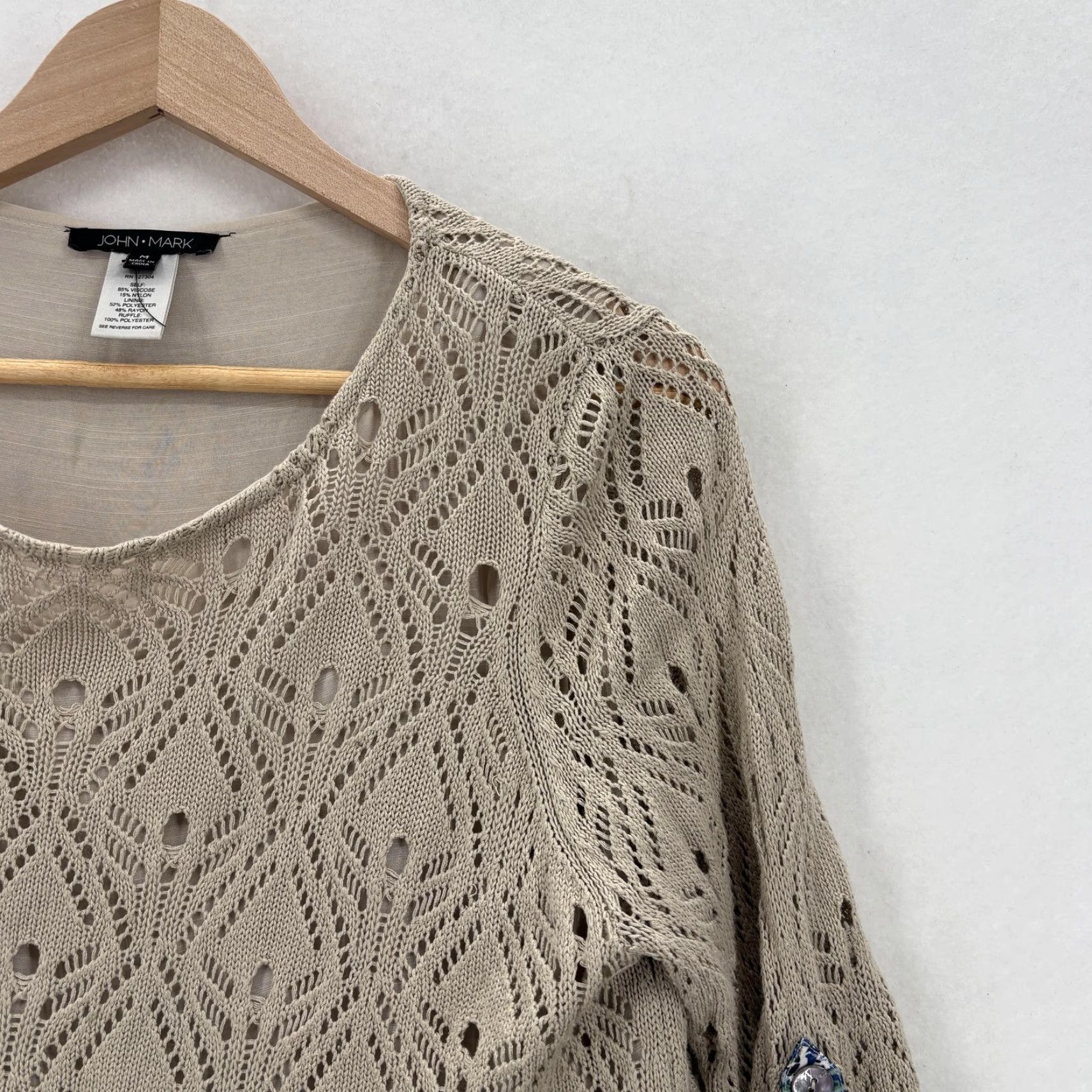 Vintage John Mark Sweater Womens Medium Beige Open Knit Layered Ruffle Hem Boho Size M / US 6-8 / IT 42-44 - 2 Thumbnail