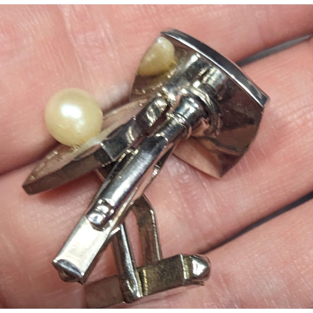 Other Vintage Engraved Square Silver Tone Cufflinks With Faux Pear Size ONE SIZE - 9 Thumbnail