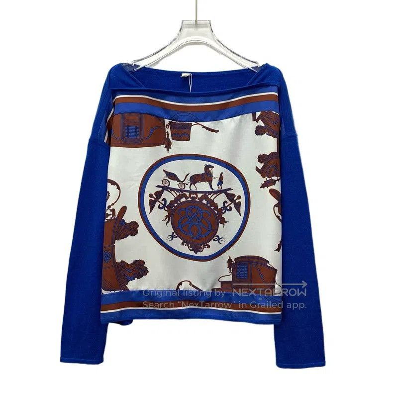 Hermes Hermes Navy Blue Silk Printed Patchwork Cashmere Long Slee Size XS / US 0-2 / IT 36-38 - 1 Thumbnail
