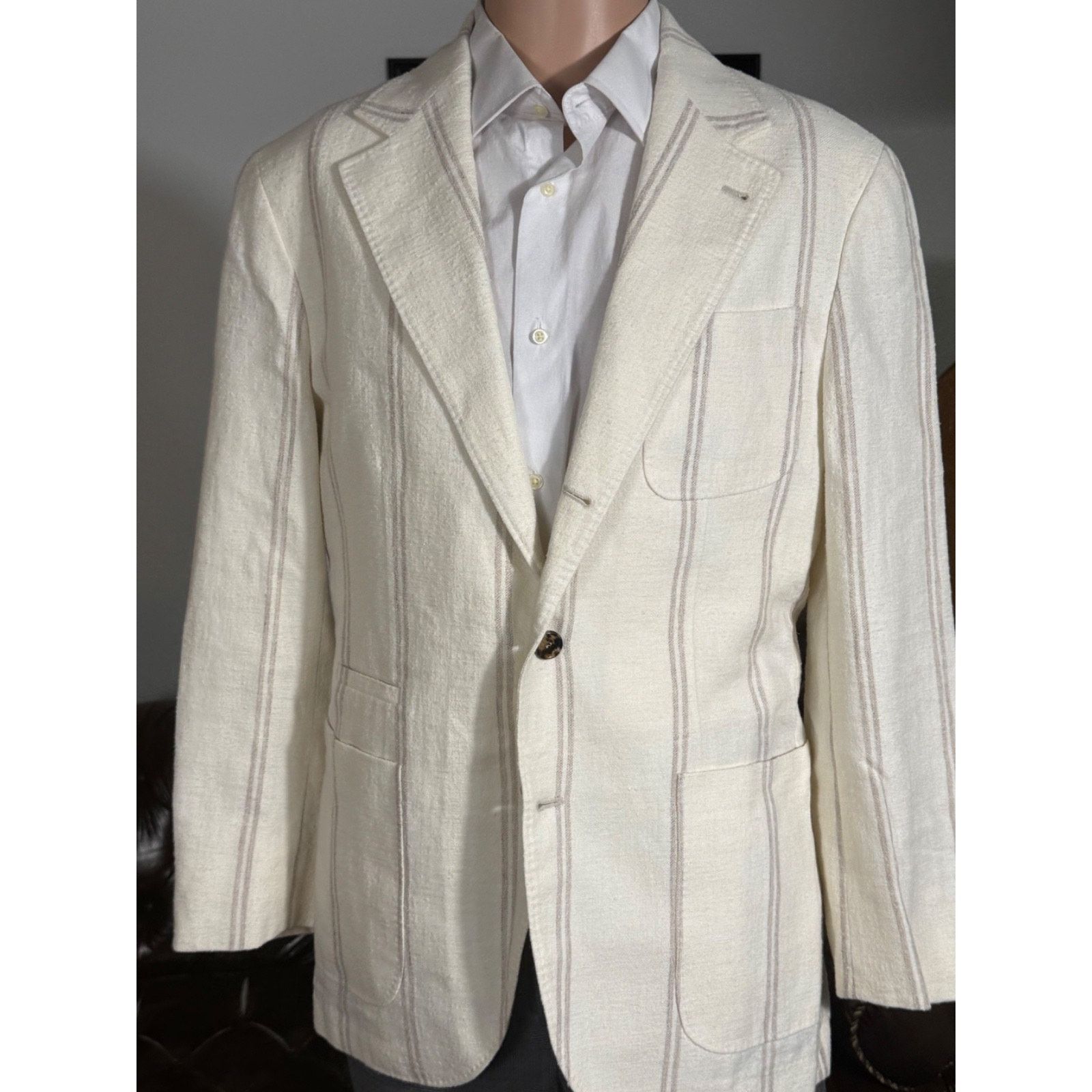 Brunello Cucinelli Brunello Cucinelli Ivory Striped Linen Wool Silk Jacket 40R Size 40R - 7 Thumbnail