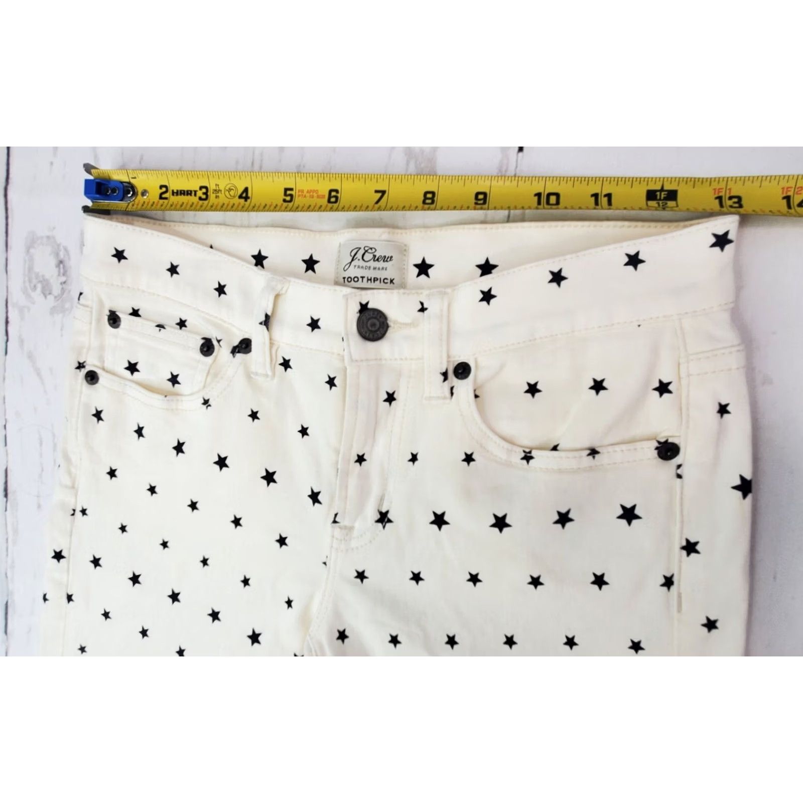 J.Crew J.CREW Toothpick Skinny Jean Women 24 White Star Print Mid Rise Stretch EUC - Regular - 26x27 - 4th Of July Theme - Stars - Denim - Cotton Blend Size 26" / US 2 / IT 38 - 5 Thumbnail