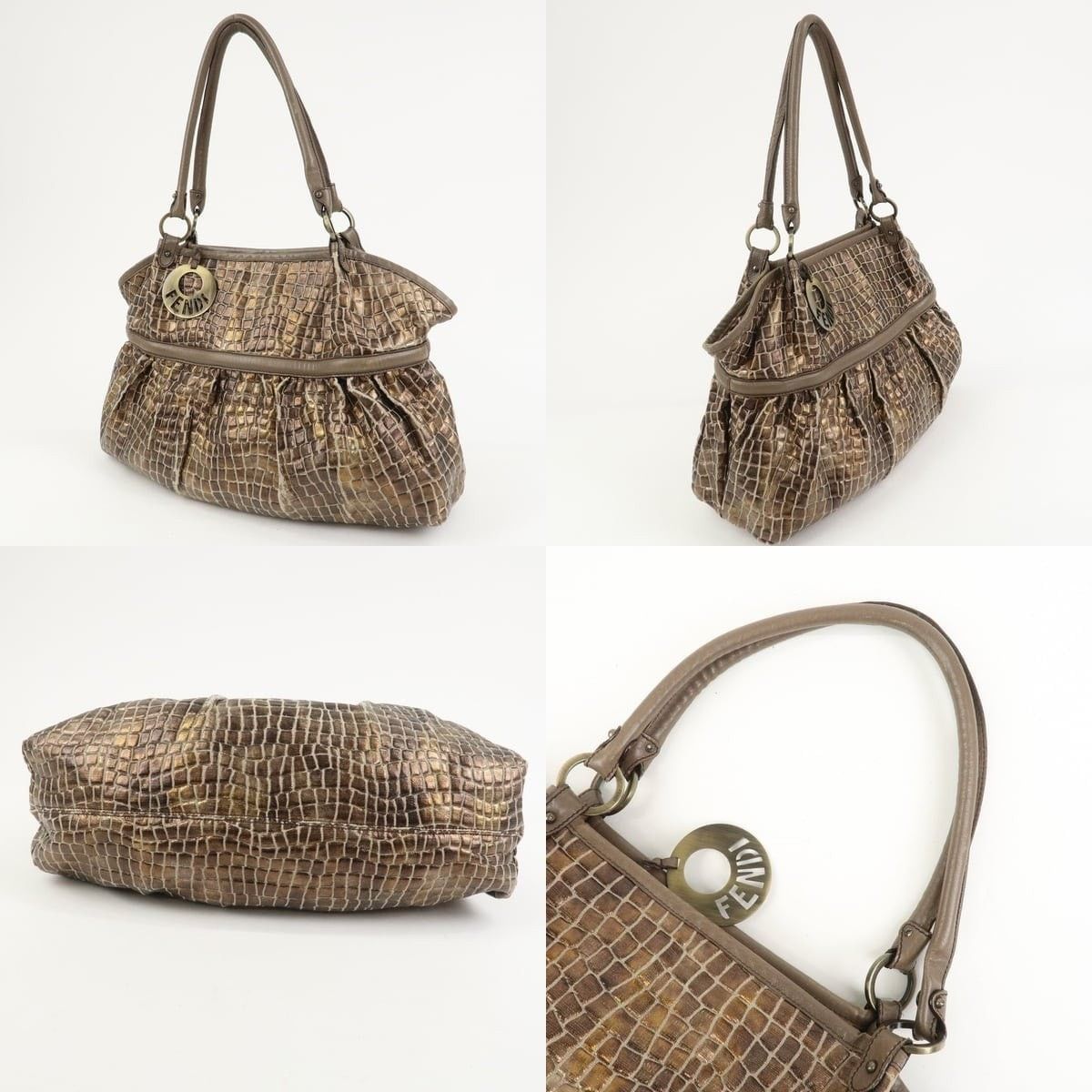 Fendi Fendi Embossed Leather Gathered Shoulder Tote Brown Size ONE SIZE - 3 Thumbnail