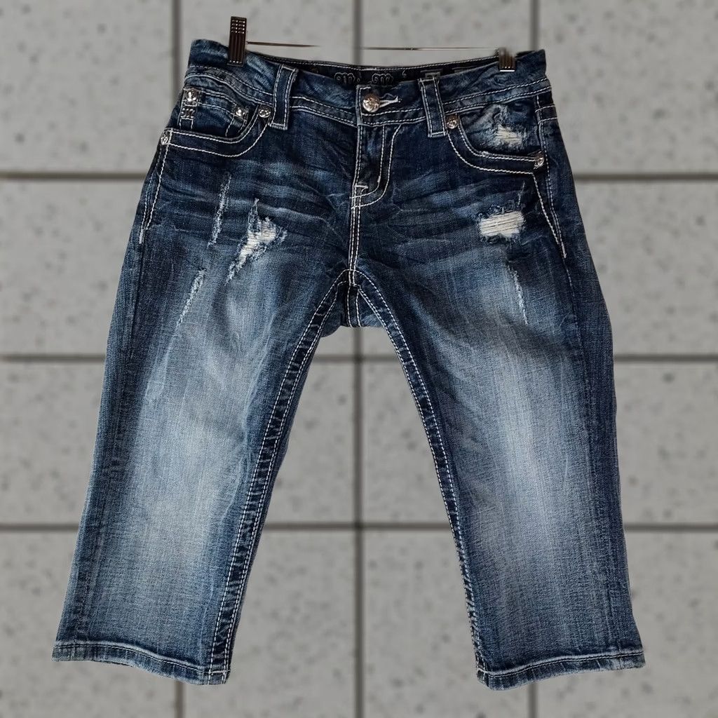 Miss Me Miss Me Jeans Cropped Distressed Denim 30x14.5 Blue Medium Wash Rhinestone 5-Pocket Zip Womens Regular 30" x 14.5" Size 30" / US 8 / IT 44 - 1 Thumbnail