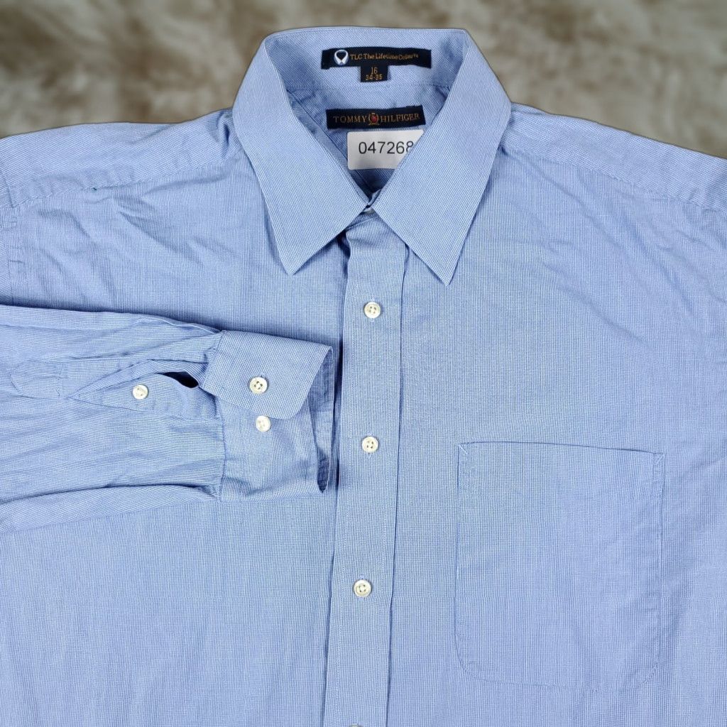 Tommy Hilfiger VINTAGE Tommy Hilfiger Dress Shirt Mens 16 Blue Long Sleeve Button-Up Collared 100% Cotton Regular Adult Medium Blue Classic Modern Wedding Mens Size 42R - 1 Thumbnail
