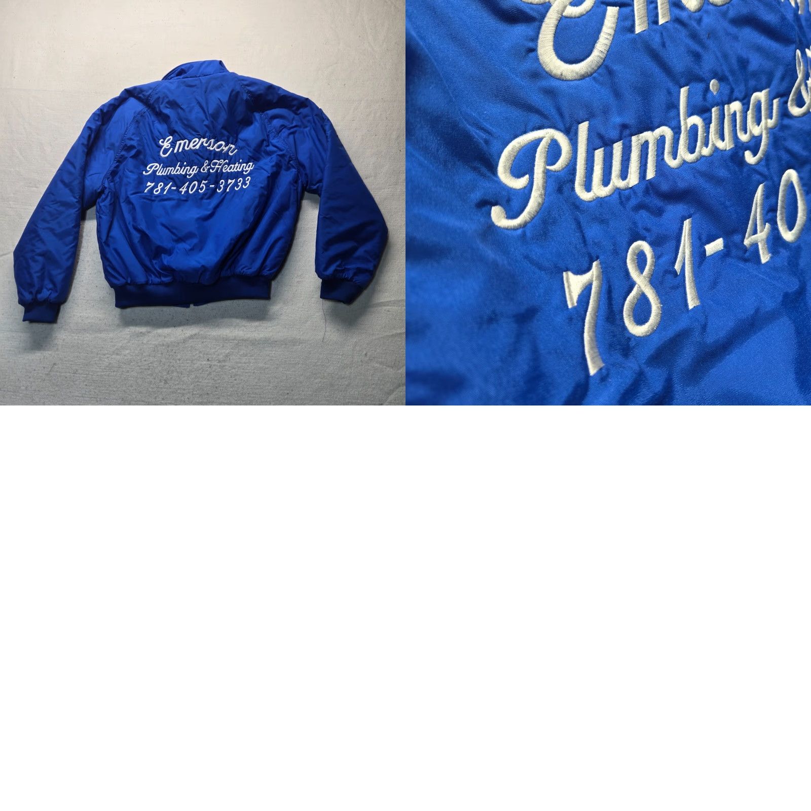 Holloway VINTAGE Holloway Emerson Plumbing & Heating Varsity Jacket Nylon Lined Men's XL Blue 80s Classic Football Style Snap Front Pockets Size US L / EU 52-54 / 3 - 8 Thumbnail