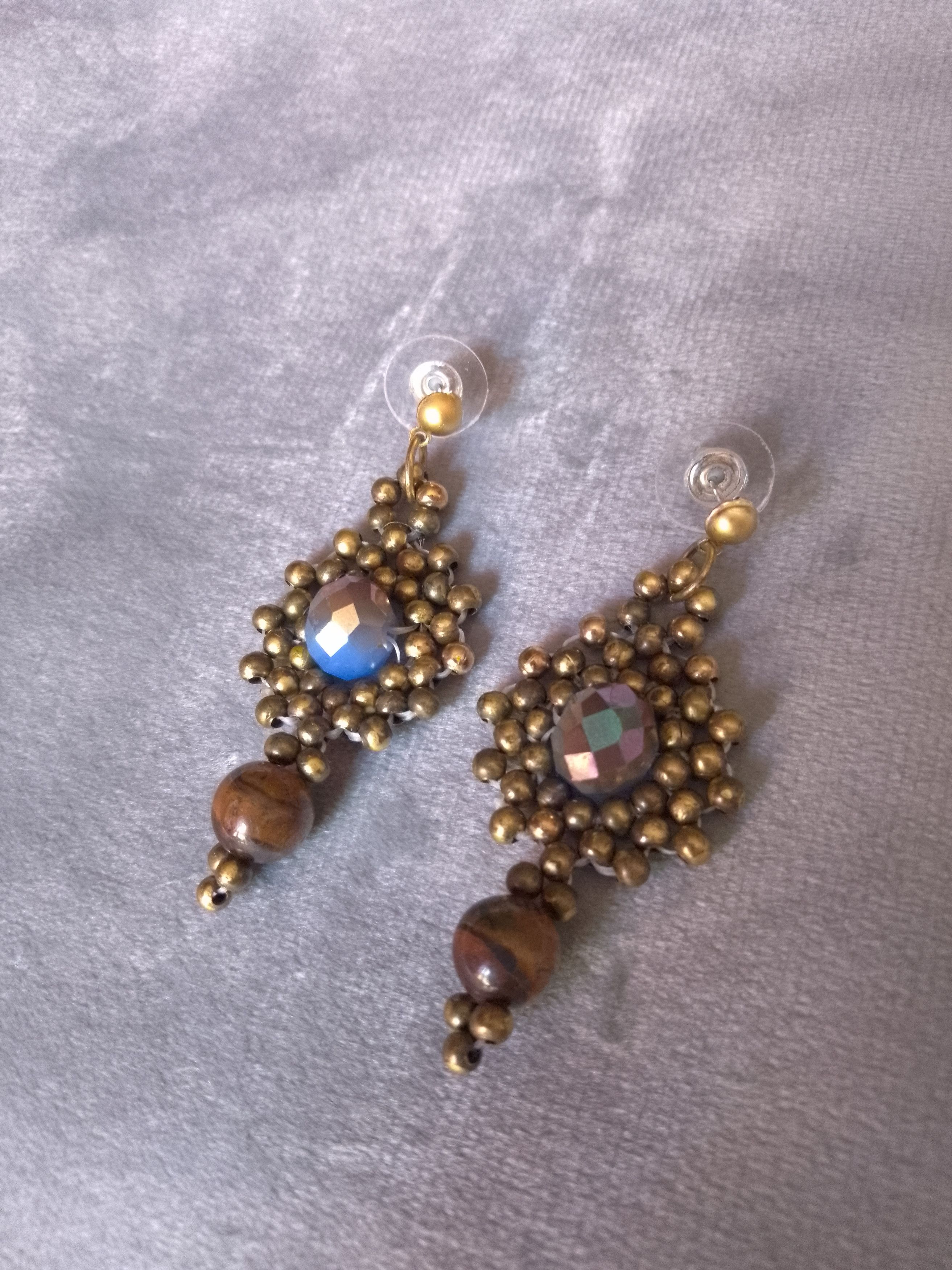 Handmade Earring brass Natural eye of tiger gemstones&crystal Size ONE SIZE - 4 Thumbnail