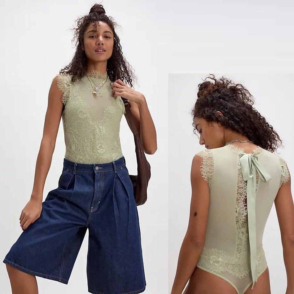 Free People NWT New Free People Sweet Nothings Washed Sage Bodysuit Siz Size L / US 10 / IT 46 - 1 Thumbnail