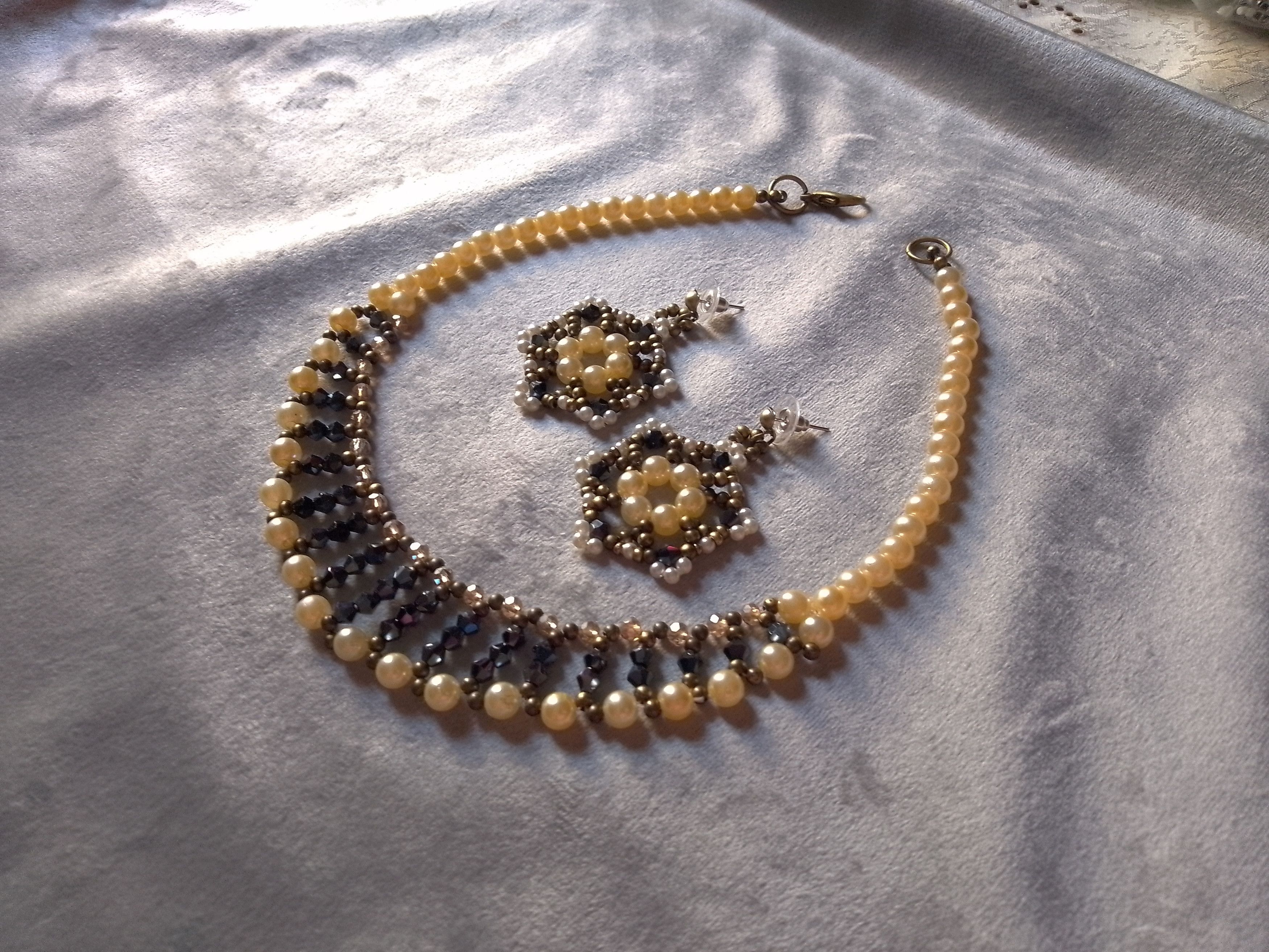 Handmade Necklace ivory pearls blue crystals. Flower earrings. Size ONE SIZE - 1 Thumbnail