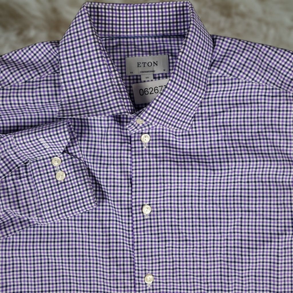Eton Dress Shirt Mens 2XL Purple Check Long Sleeve Button Up