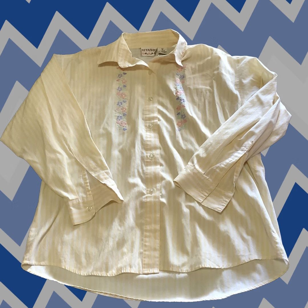 Vintage VINTAGE Gitano Women's Button-Up Shirt M Cotton Embroidered Floral Striped Yellow Size M / US 6-8 / IT 42-44 - 1 Thumbnail