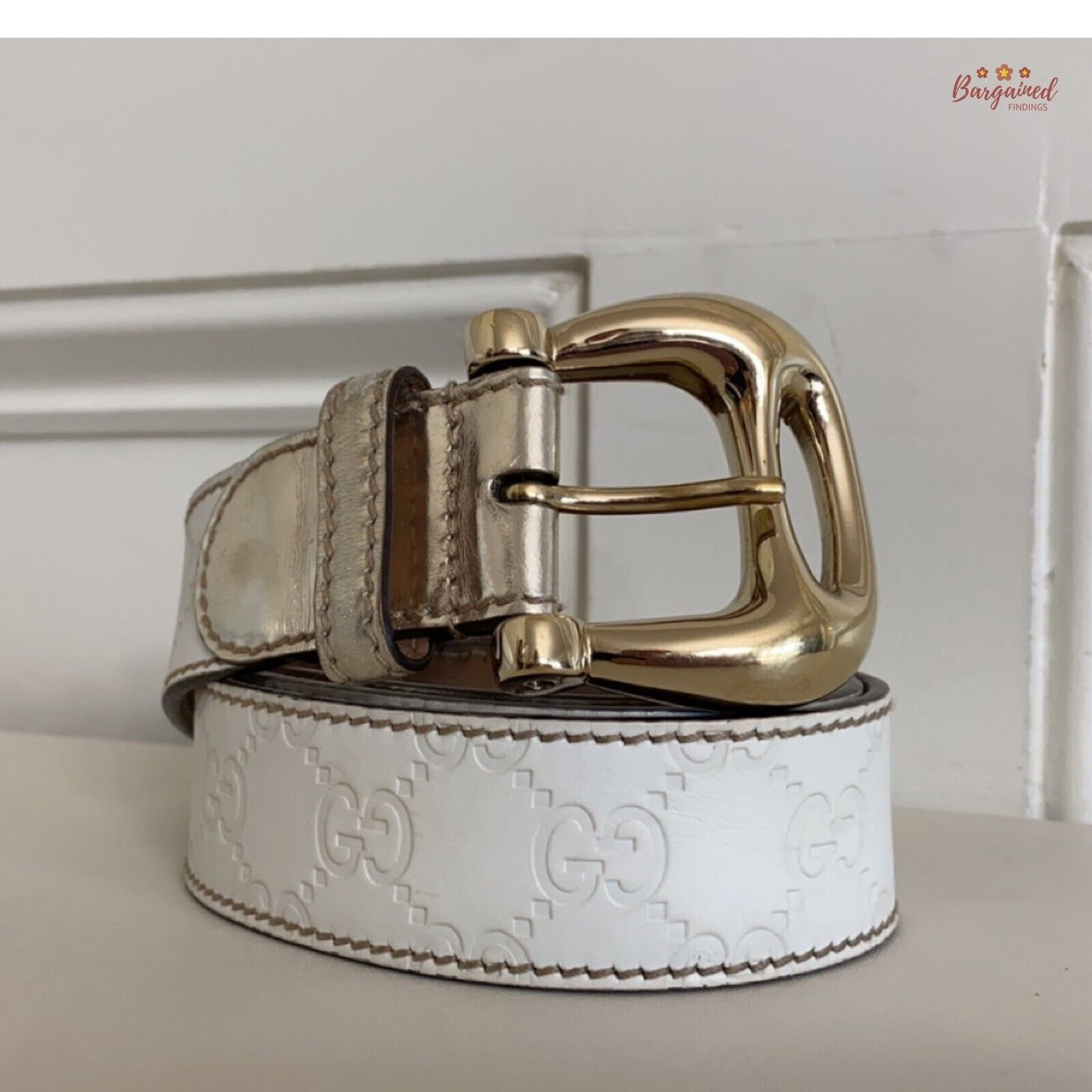 Gucci Gucci White GG Embossed Guccissima Leather Gold Buckle Belt Size 30 - 1 Thumbnail