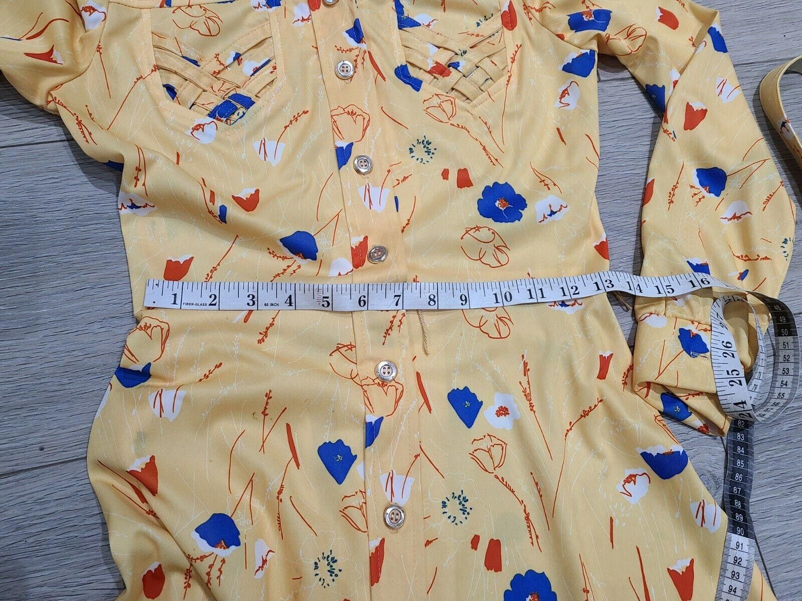 Designer Vintage Dress 1960s Printed Button Down Yellow Belted Size L / US 10 / IT 46 - 6 Thumbnail