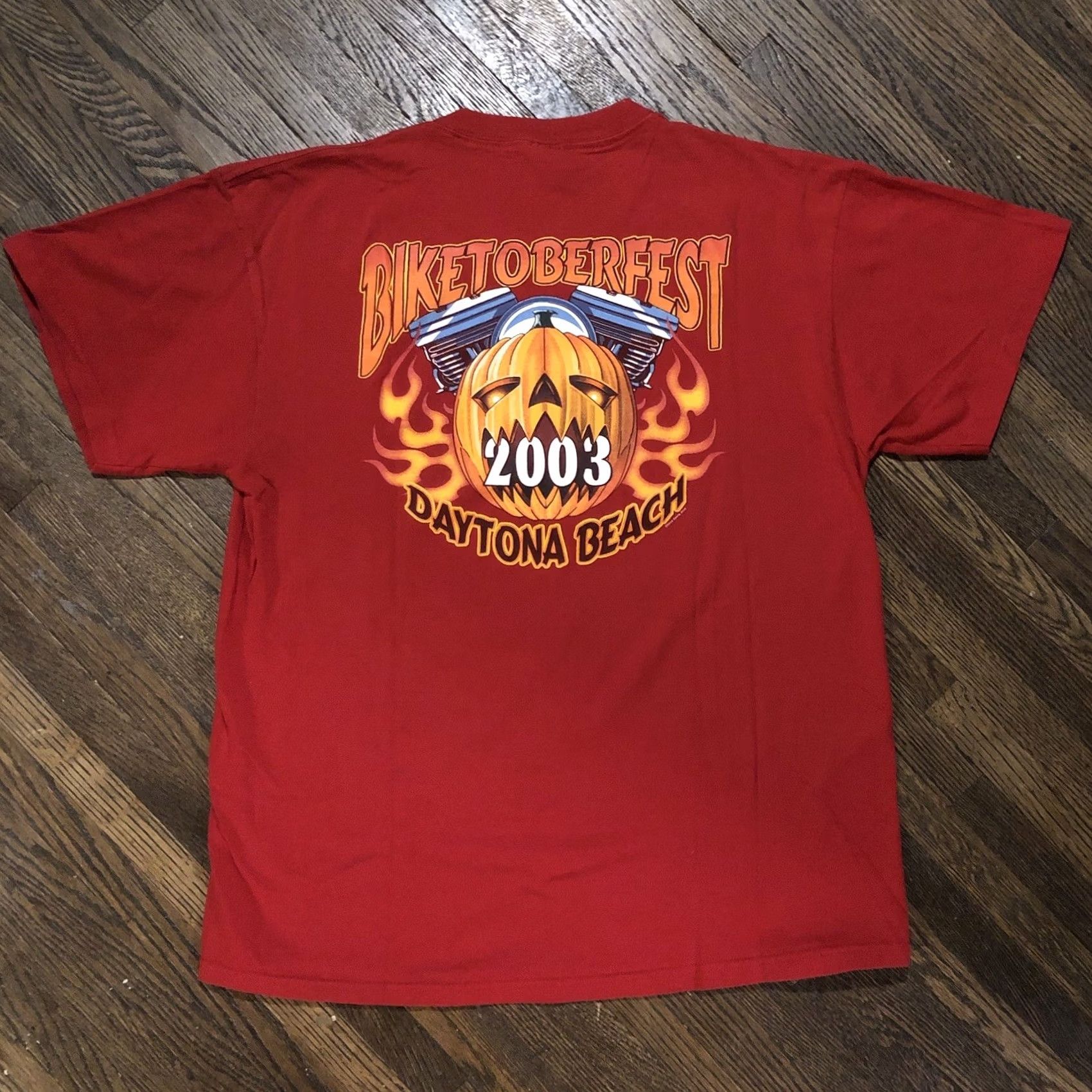 Delta VINTAGE Delta Pro Weight T-Shirt Daytona Beach BIKETOBERFEST 2003 Red Skeleton Jack-O-Lantern 🎃 Men L Shirt Size US L / EU 52-54 / 3 - 7 Thumbnail