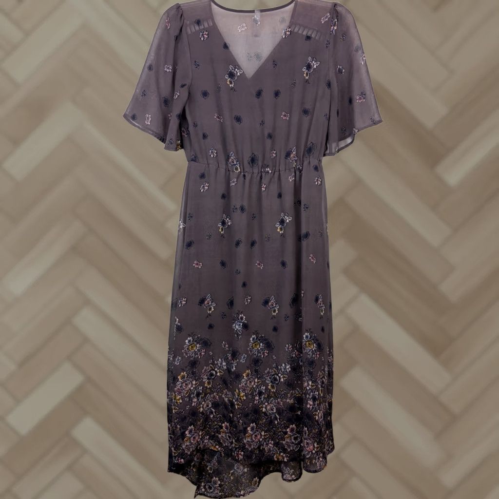 Vintage Xiliration Floral Midi Dress Womens M Gray Sleeveless V-Neck Chiffon Beaded Ruffle Sheath Size M / US 6-8 / IT 42-44 - 1 Thumbnail
