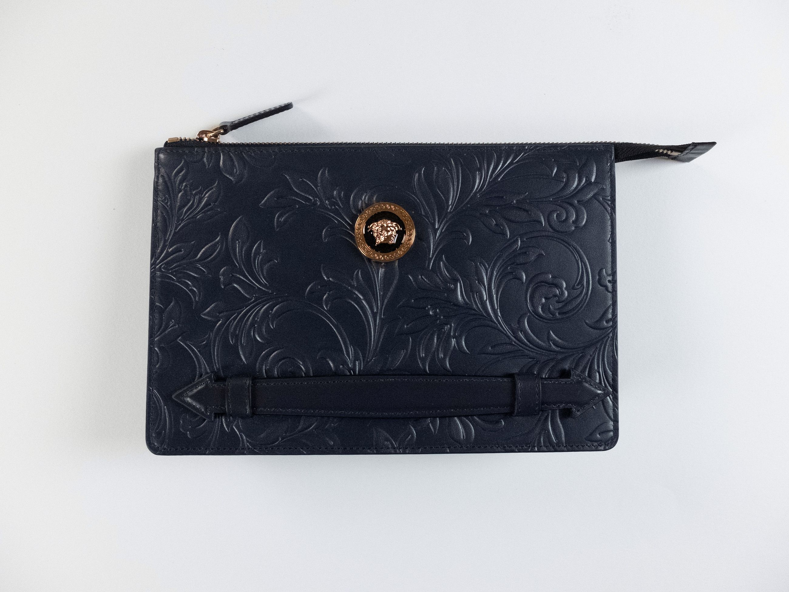VERSACE La Medusa blue floral motif embossed clutch bag