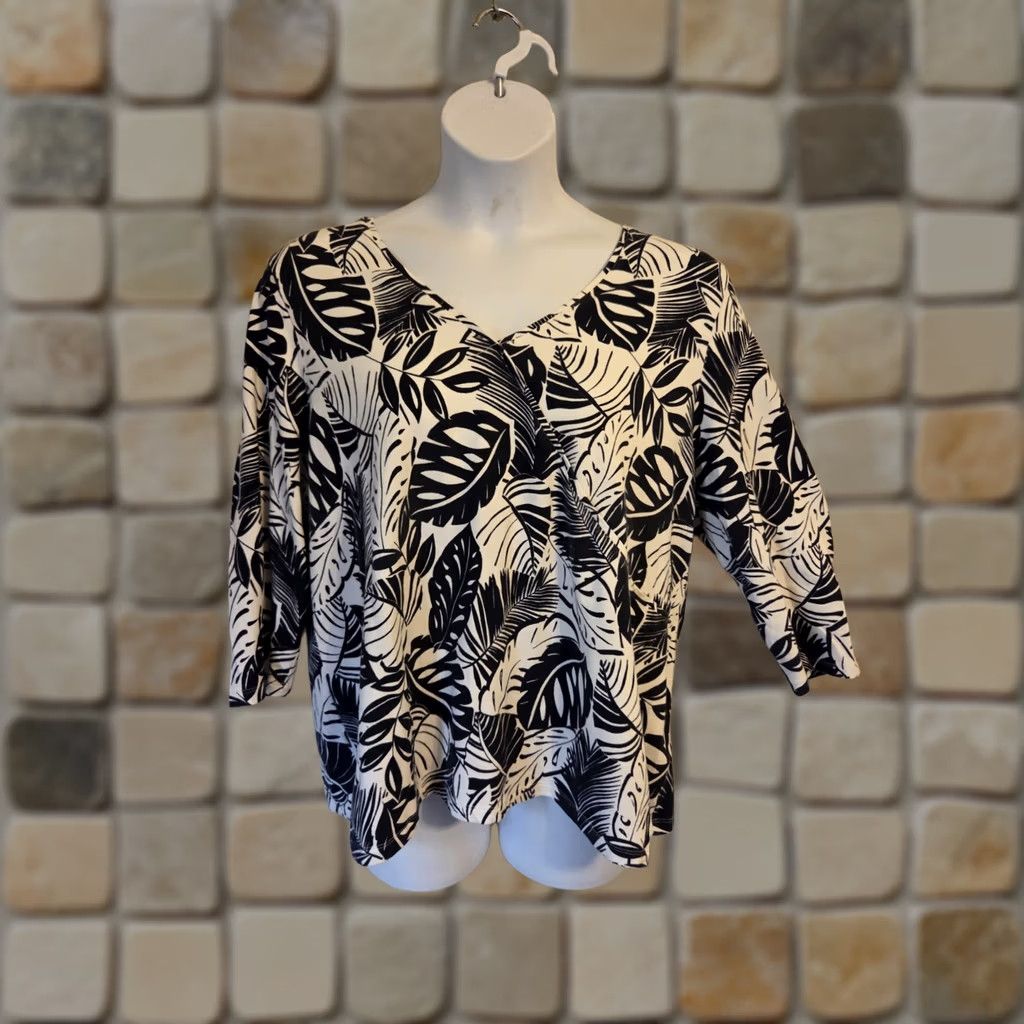 Vintage Hearts Of Palm Woman Black White Abstract Leaf Print 3/4 Sleeve Casual Top 2X Size XXL / US 16-18 / IT 52-54 - 1 Thumbnail