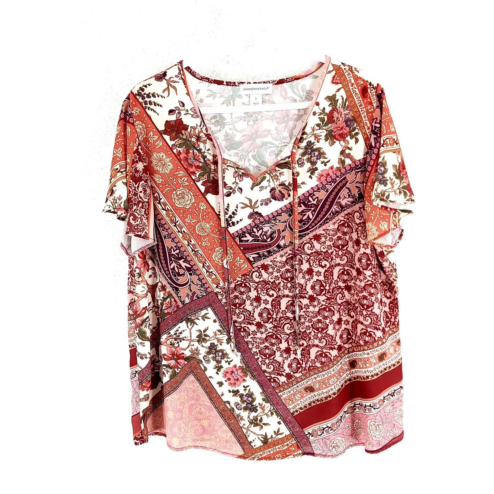 Vintage Christopher & Banks Pink Red Floral Drawstring V-Neck Blouse Size XL / US 12-14 / IT 48-50 - 1 Thumbnail