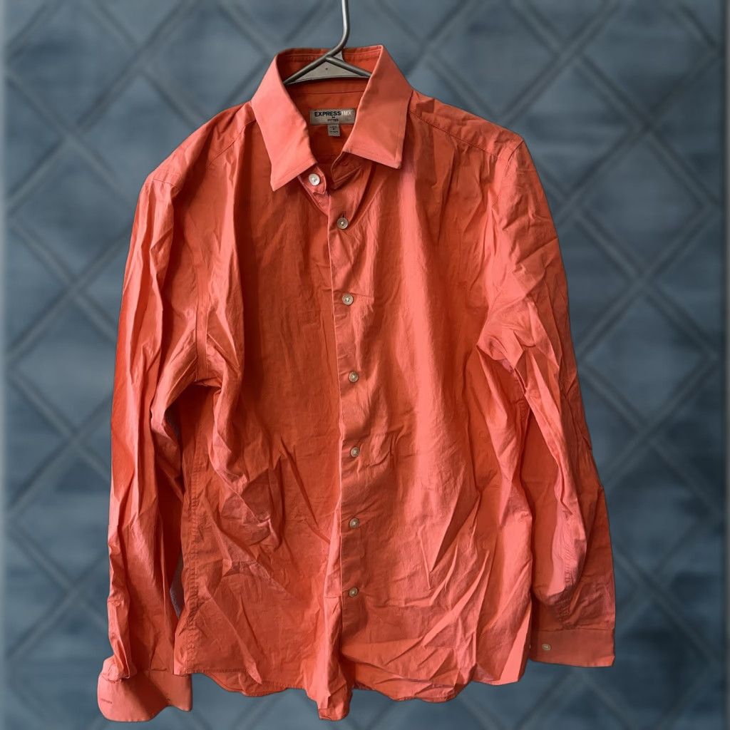 Express Express Dress Shirt Solid Pink Salmon 1MX Fitted Small Mens Shirt Size 36R - 1 Thumbnail