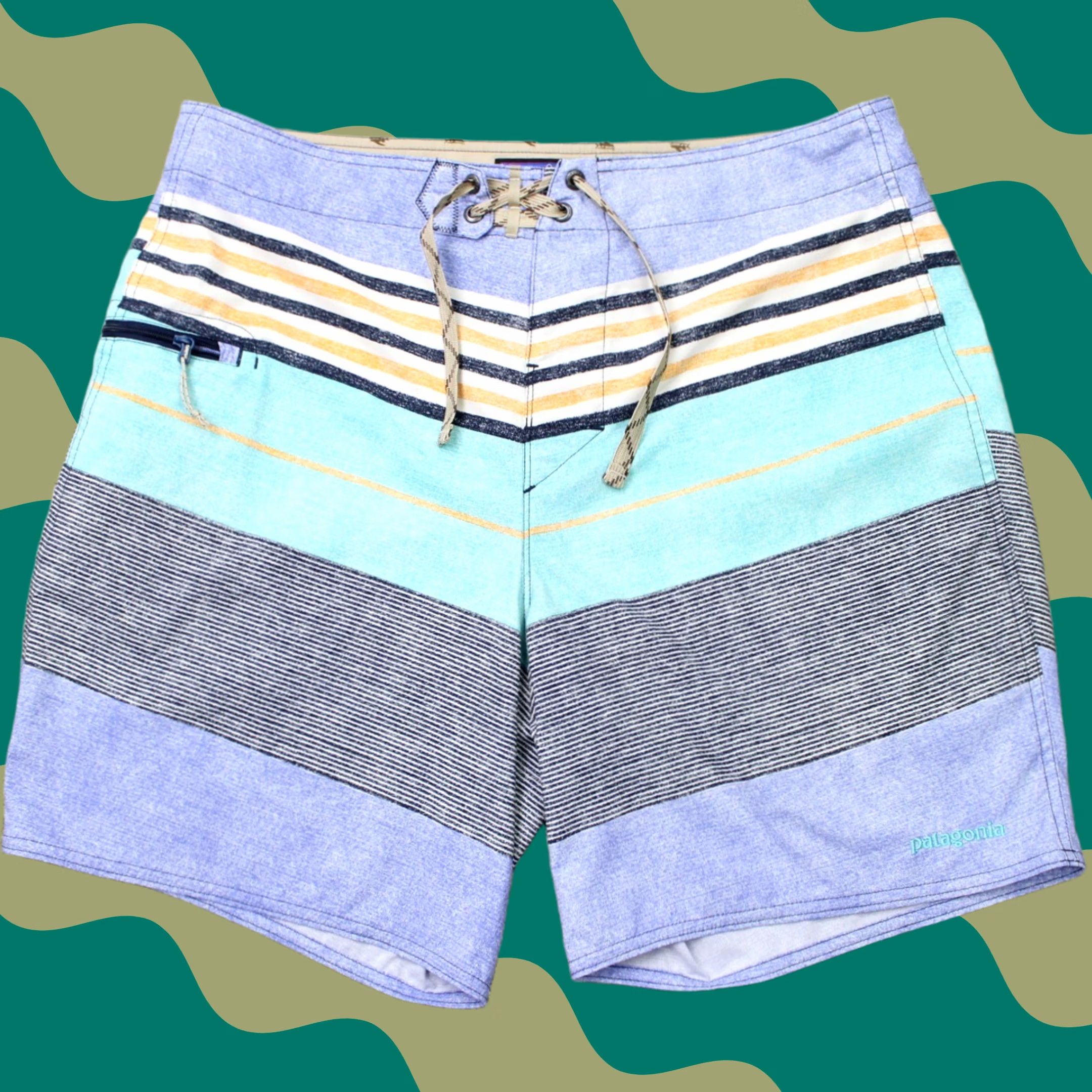 Patagonia Patagonia Shorts Mens 34 Blue Board Shorts 8" Stretch Drawstring Pockets Surf Beach Quick Dry Pattern Striped Size US 34 / EU 50 - 1 Thumbnail