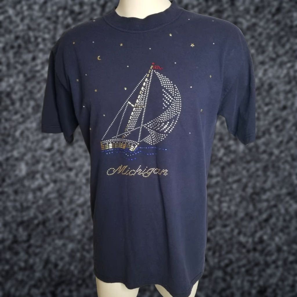 Gildan VINTAGE Mens L Michigan Studded Boat Souvenir Double Sided T-Shirt Blue Size US L / EU 52-54 / 3 - 1 Thumbnail