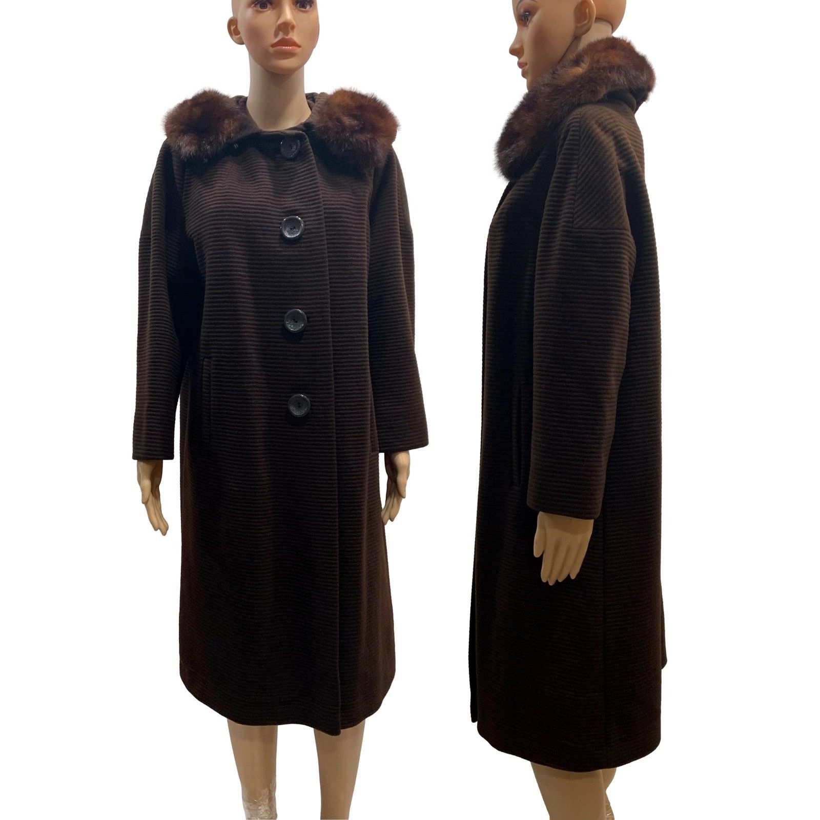 Vintage 60s Brown Ribbed Wool Coat w Mink Collar | Small Size S / US 4 / IT 40 - 9 Thumbnail