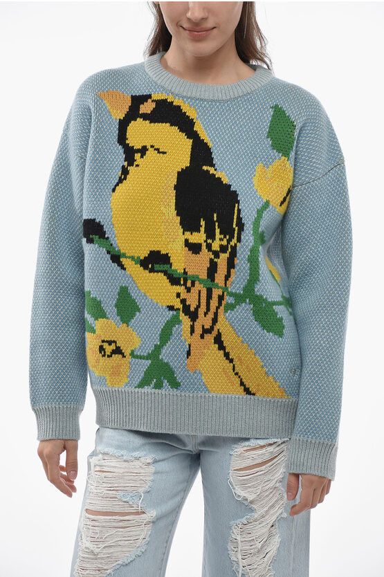 image of Tory Burch Jacquard Dropped Shoulder Sweater in Blue, Women's (Size Medium)