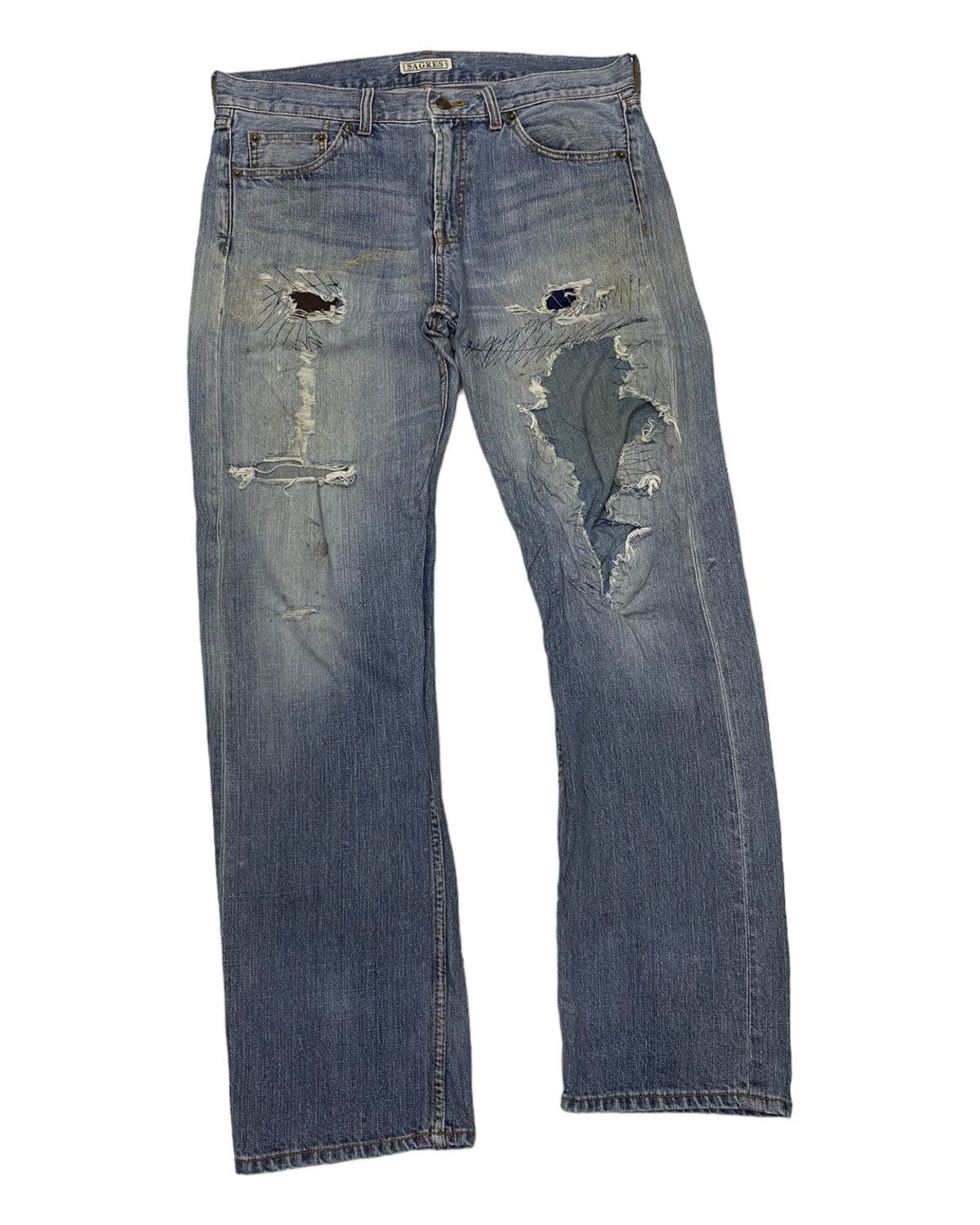 Beauty Beast 🔥DISTRESSED DENIM JEANS RARE SAGRES CRAZY SEW Size US 35 - 4 Thumbnail