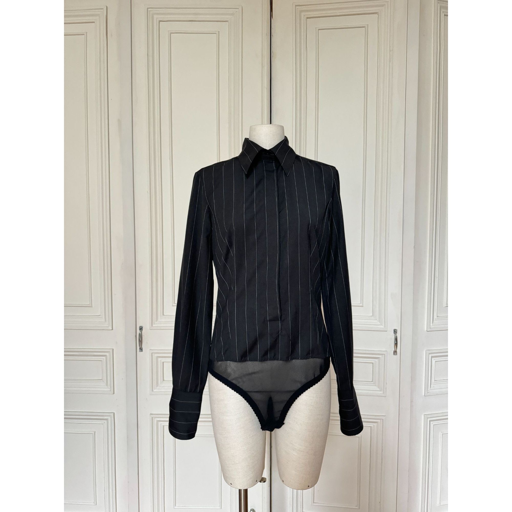 Jean Paul Gaultier Grey & Black Pinstripe Bodysuit Shirt Size S / US 4 / IT 40 - 1 Thumbnail