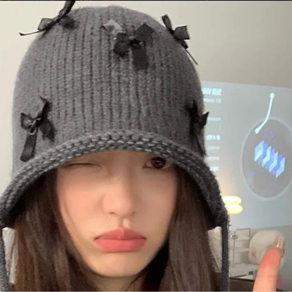 Other New Gray Knit Bucket Hat With Black Bows and Ties Size ONE SIZE - 1 Thumbnail