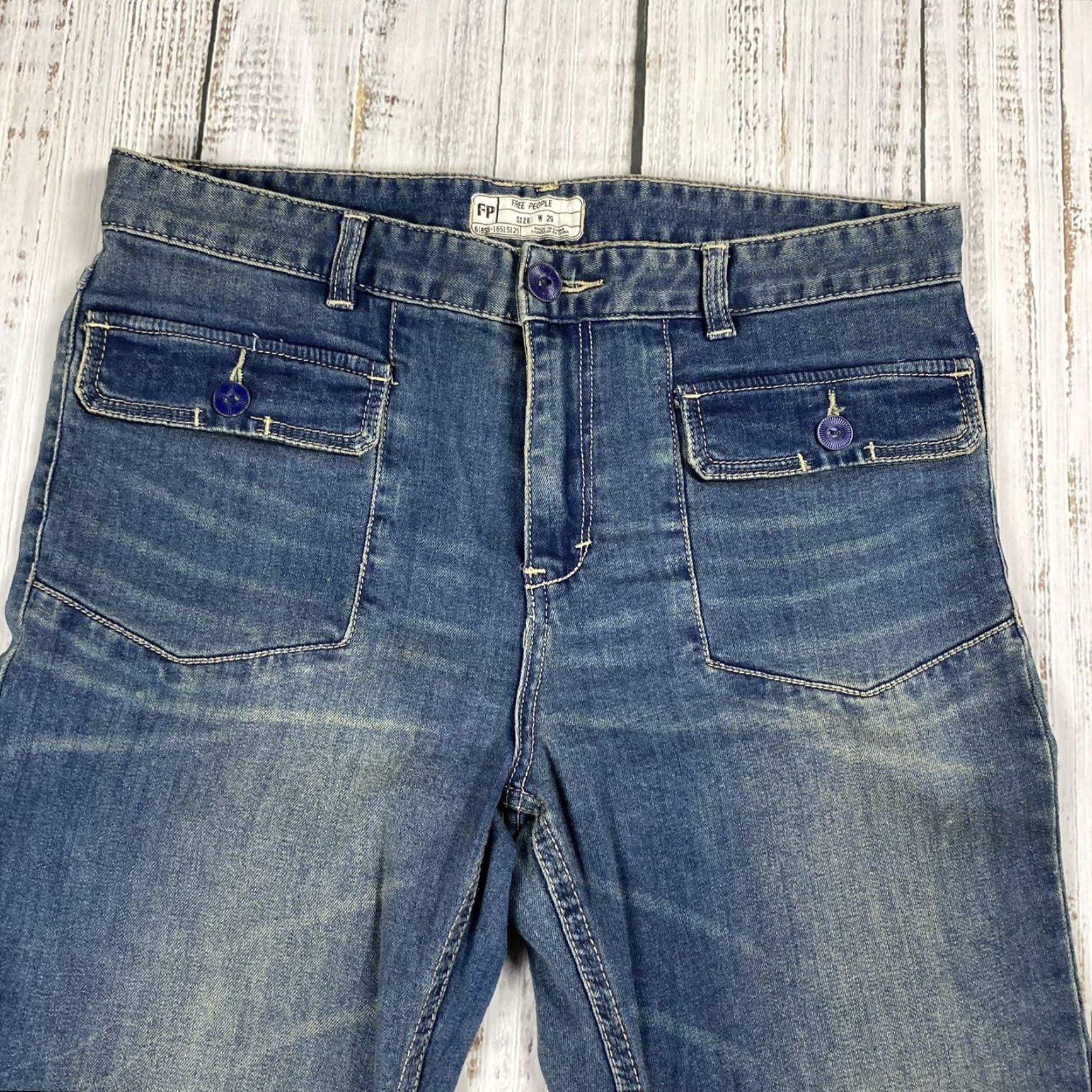 Free People VINTAGE Free People Jeans Flare Bellbottom Sailor Distressed Flap Pocket 29W Blue Cotton Denim 34 Inseam Regular Rise 11" Gap Bohemian Size 26" / US 2 / IT 38 - 2 Thumbnail