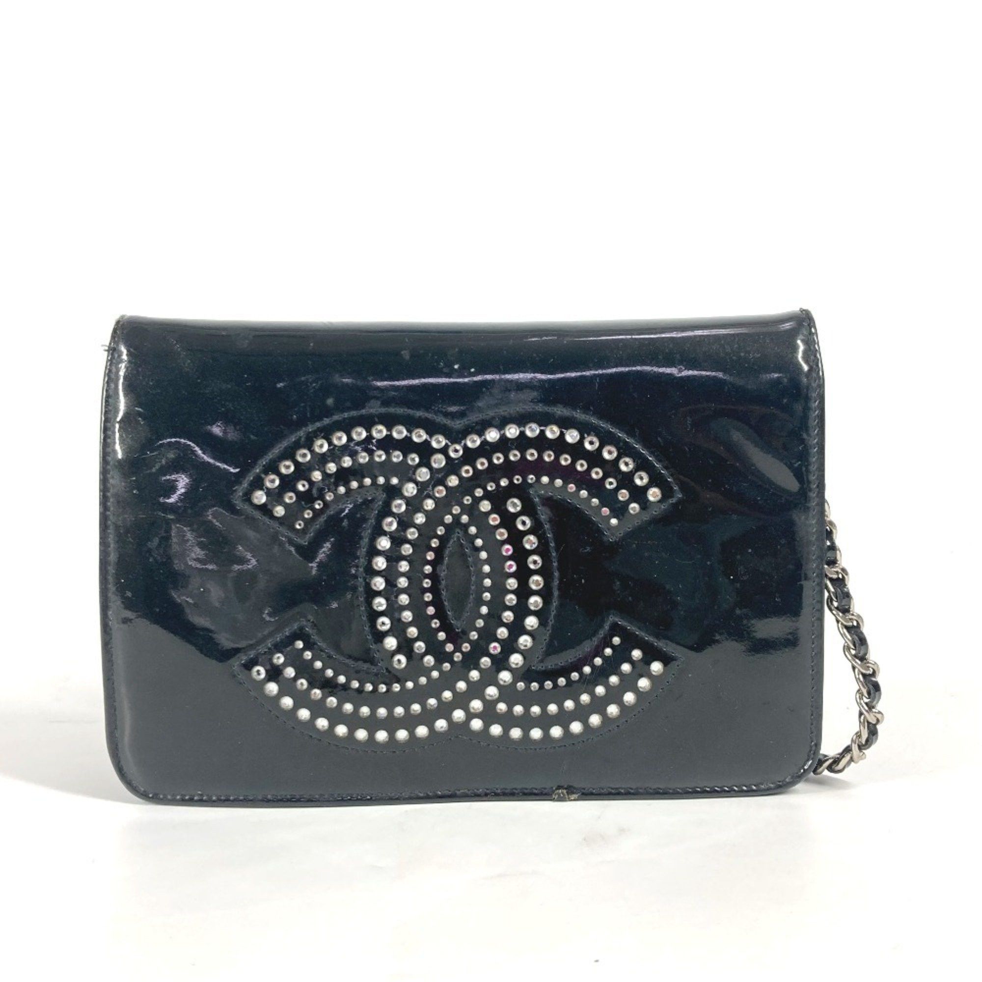 Chanel Long Wallet Cc Logo Coco Mark Rhinestone Chain Crossbody Bag Pochette Shoulder Patent Leather Women's Black