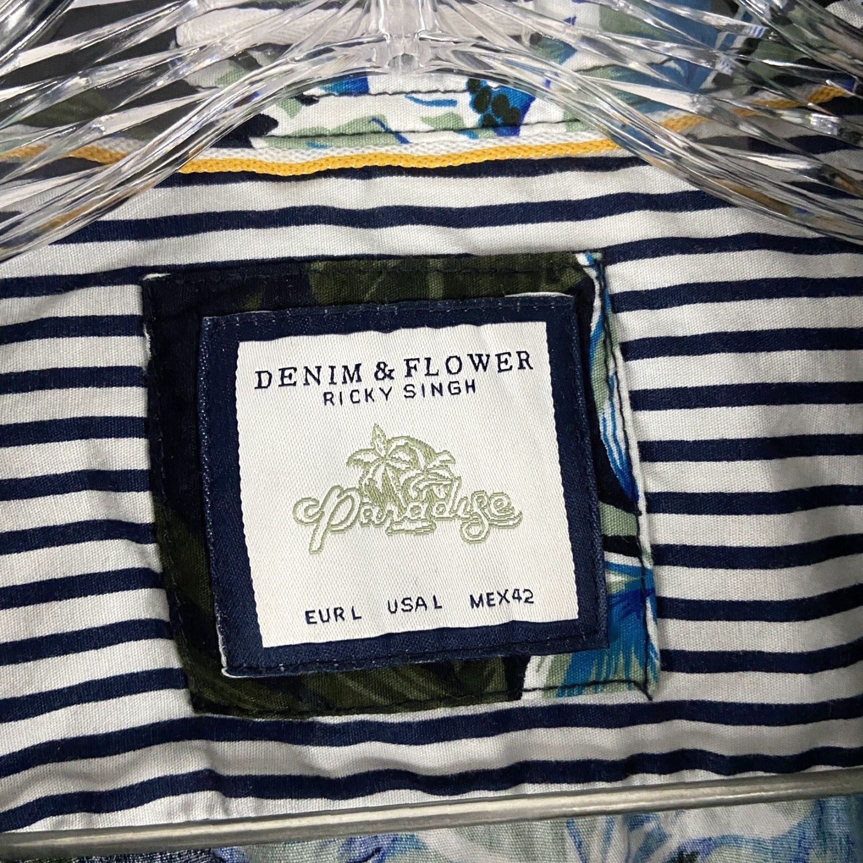 Denime VINTAGE Flower & Denim Hawaii Button-Up Shirt Adult Men L Blue Flower Denim Short Sleeve Mens L Size US 33 - 5 Thumbnail