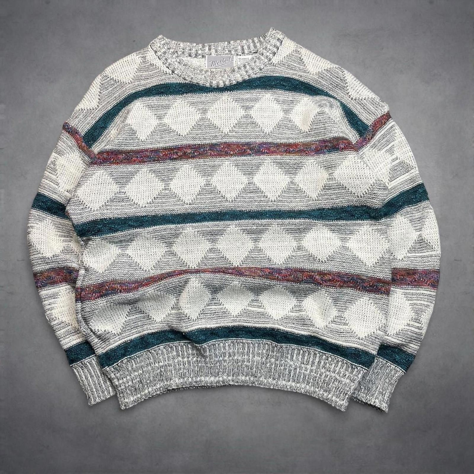 Vintage Vintage Knit Sweater XL Cream Green Patterned Crewneck 80s Size US XL / EU 56 / 4 - 1 Thumbnail