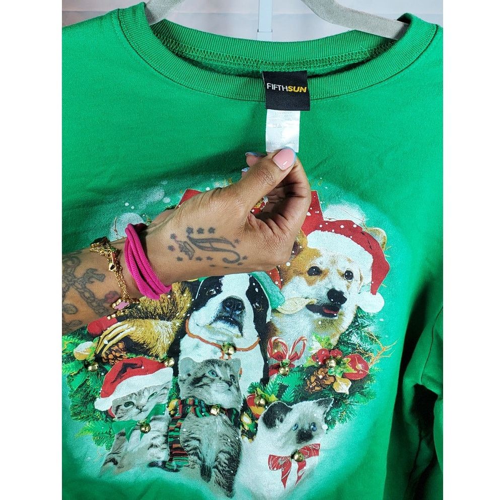 Other Green Ugly Christmas Sweater Dogs Cats Graphic Bells Large Size L / US 10 / IT 46 - 4 Thumbnail
