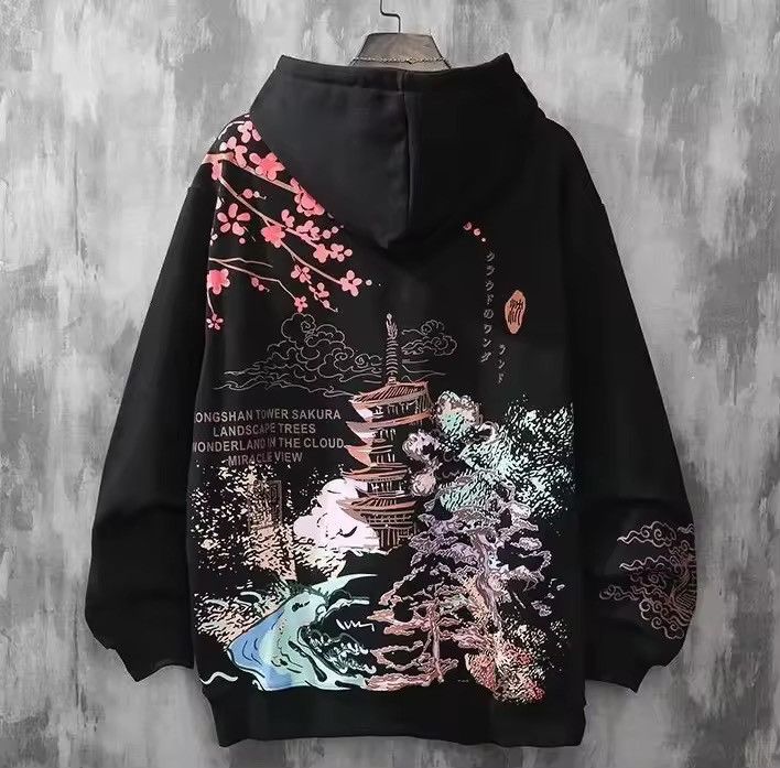 Japanese Brand Japanese-Inspired Sakura Print Hoodie | Black Oversized Size US XL / EU 56 / 4 - 1 Thumbnail