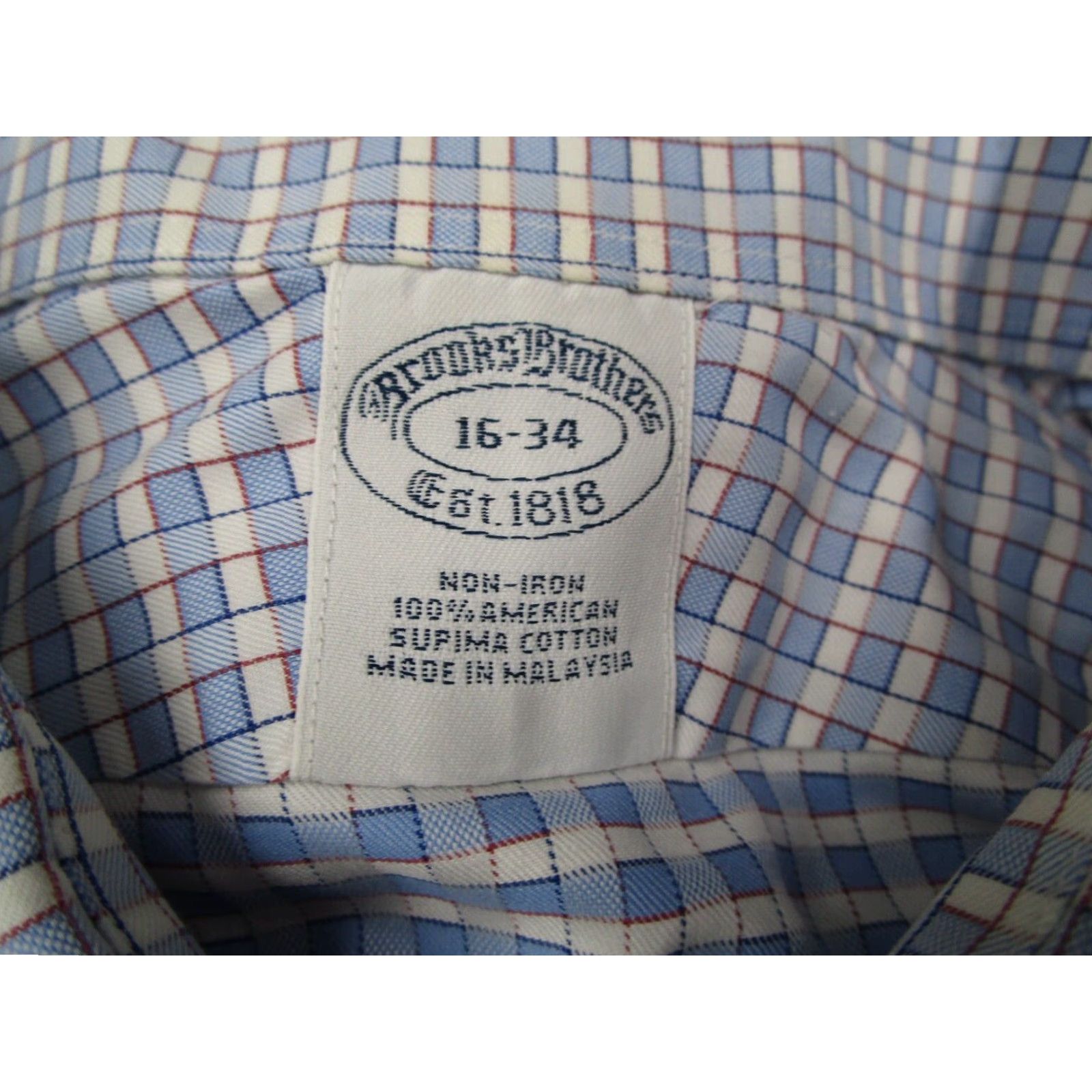 Brooks Brothers Brooks Brothers Dress Shirt Mens 16 34 Blue Check Button Up Supima Non Iron Work Size 34R - 3 Thumbnail