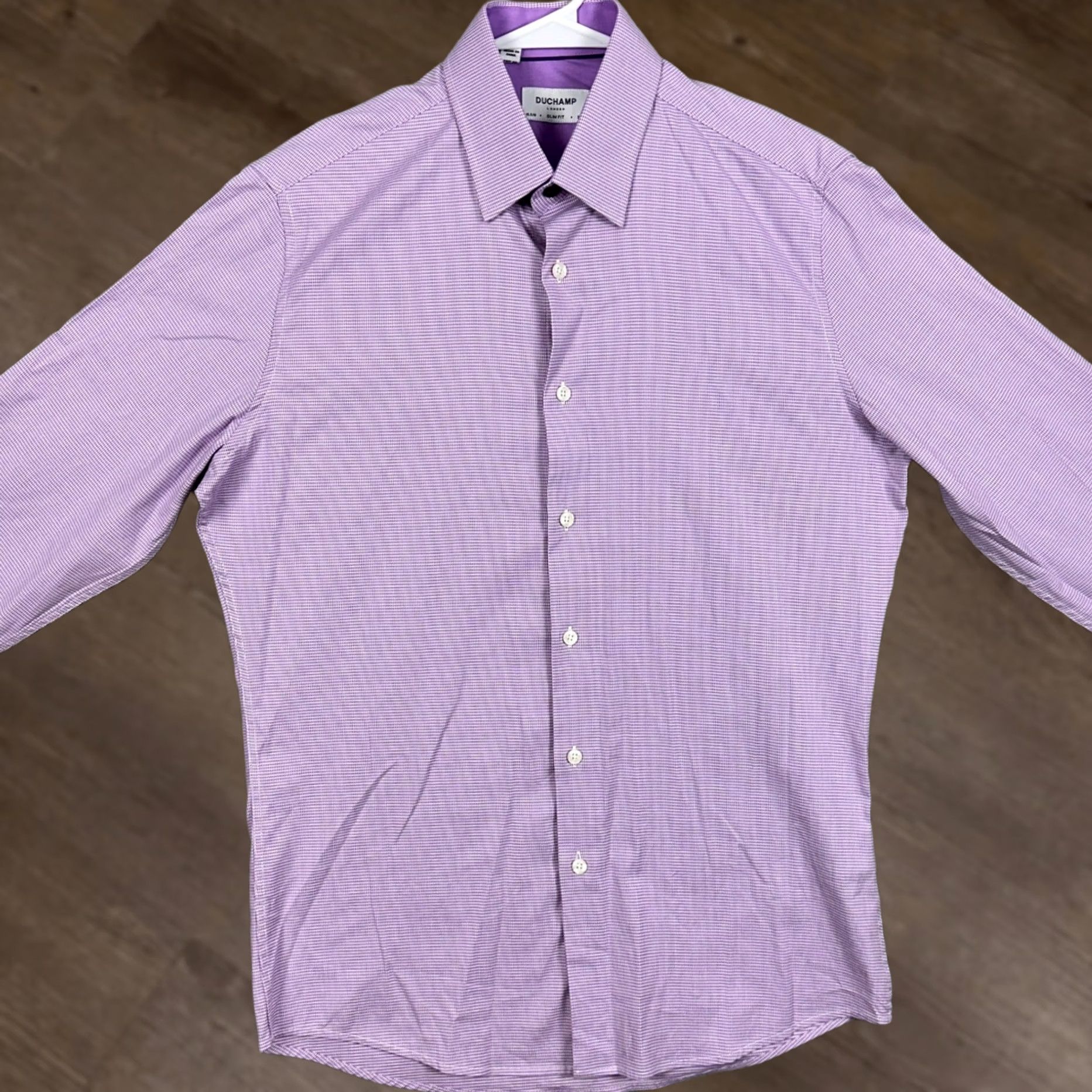 Vintage VINTAGE Duchamp London Mens Shirt Dress Purple Houndstooth Slim Fit Stretch EUC Size 42R - 1 Thumbnail