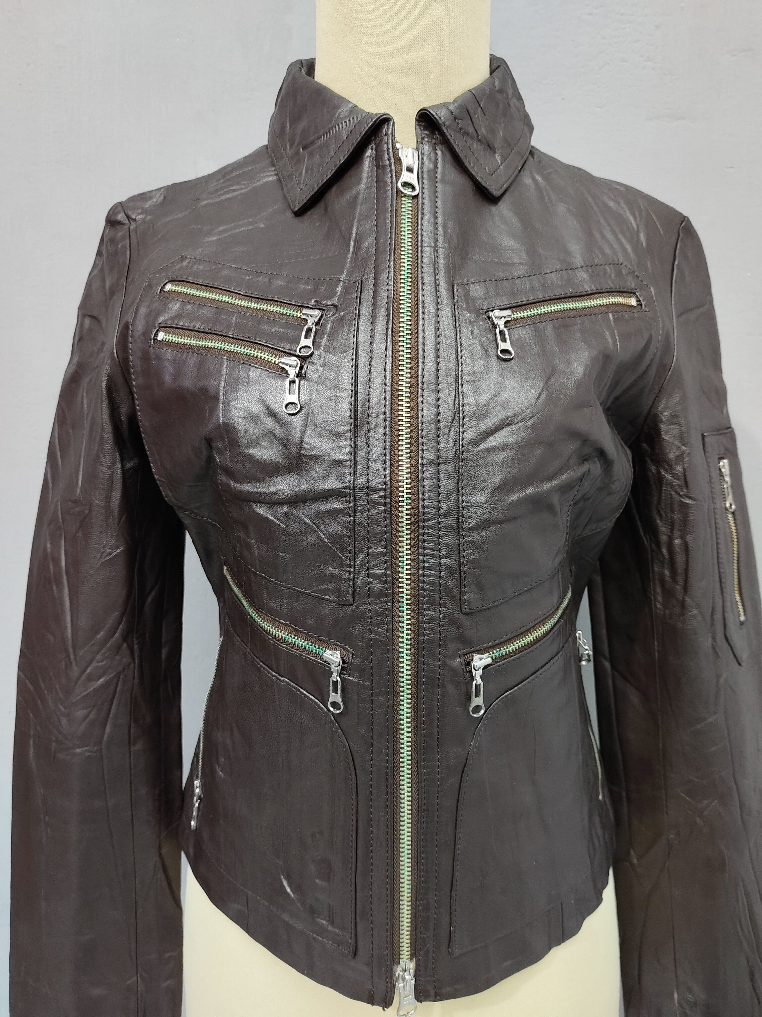 DKNY 2000s DKNY- Multi Zip Pocket Moto Sheepskin Leather Jacket Size M / US 6-8 / IT 42-44 - 12 Thumbnail
