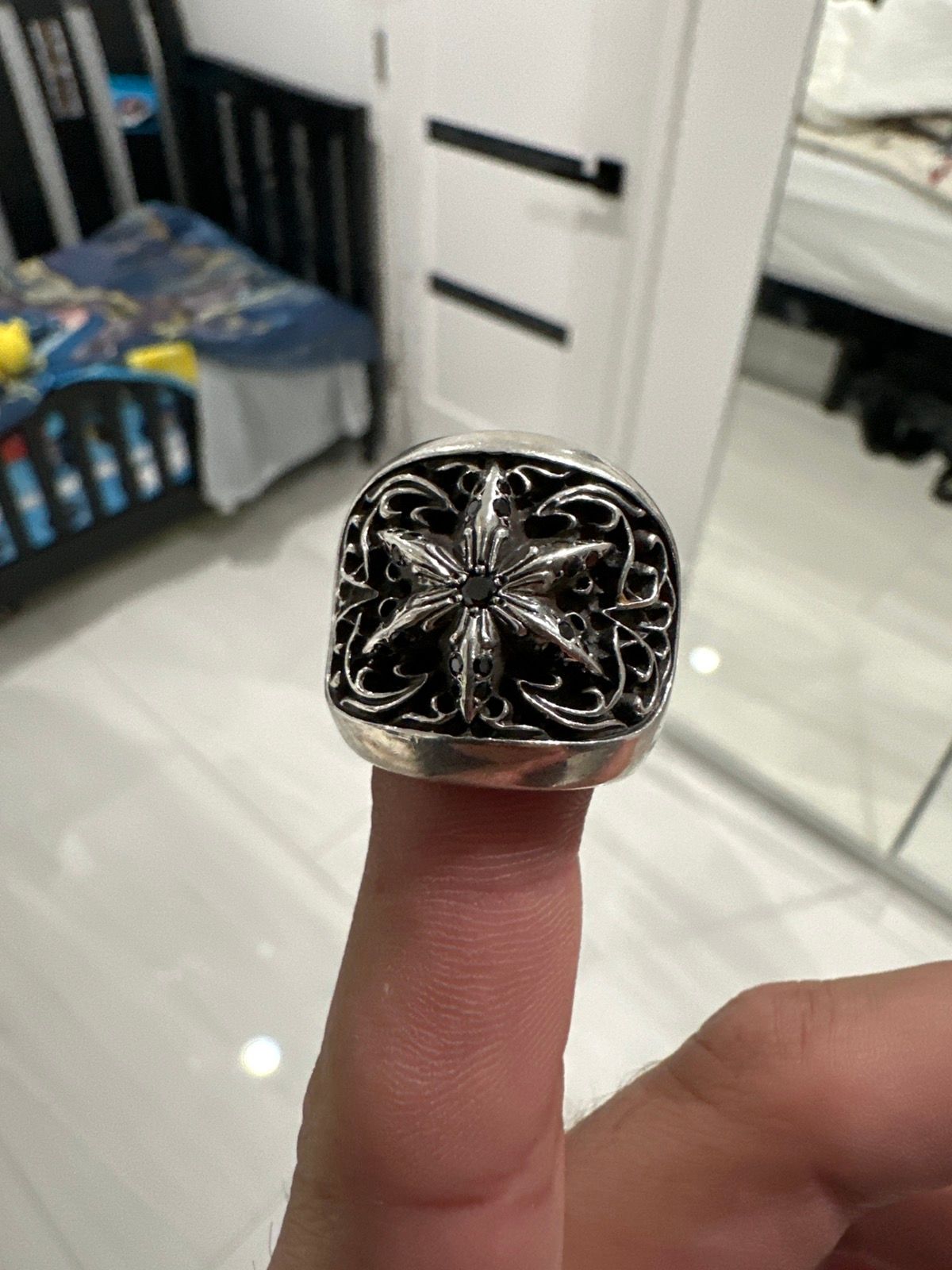 Pre-owned Chrome Hearts Chrome Heart Black Diamond Star Ring In Silver