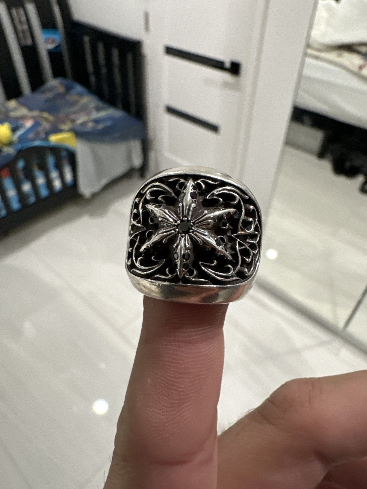 image of Chrome Hearts Chrome Heart Black Diamond Star Ring in Silver, Men's