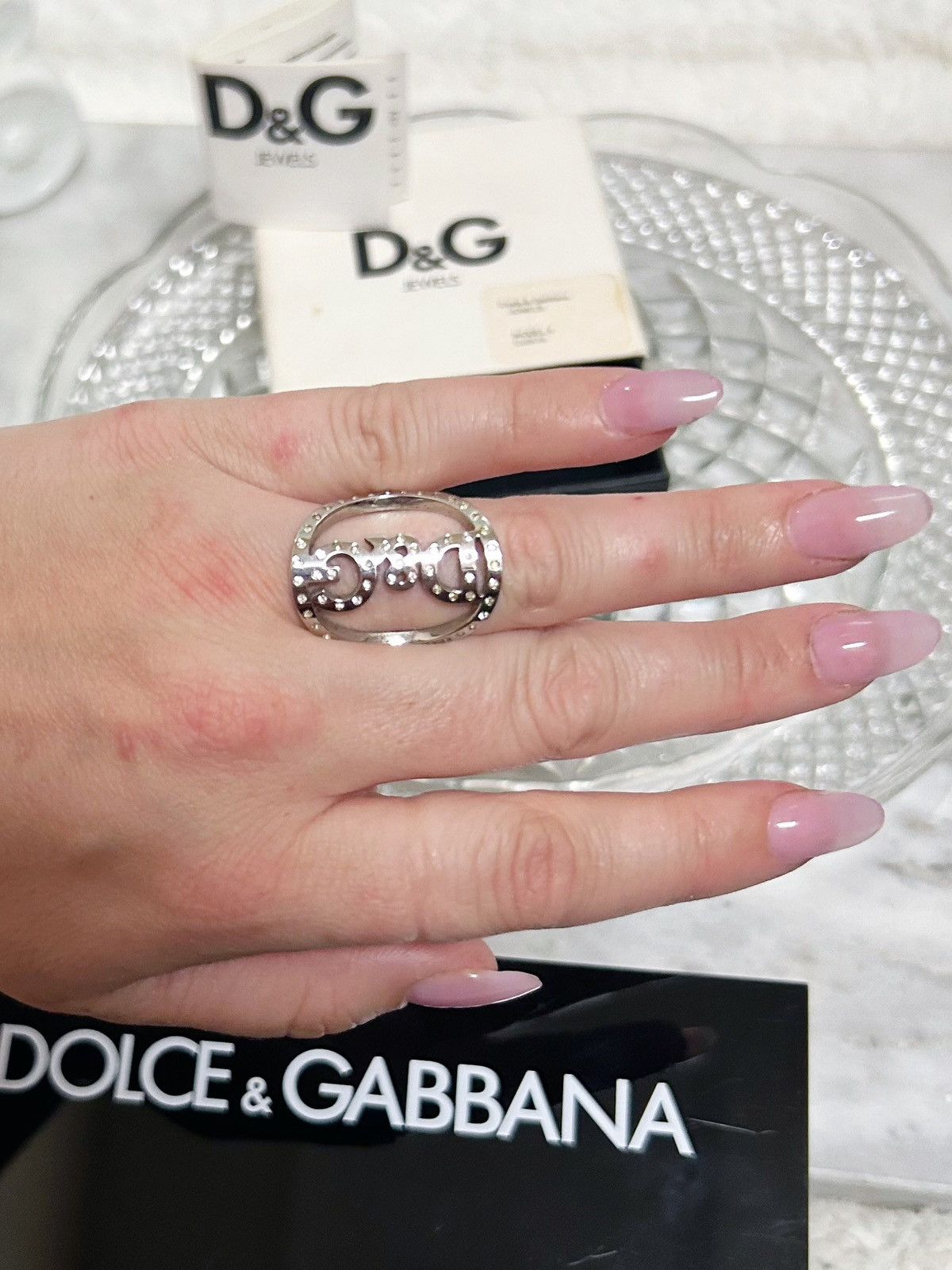 Dolce & Gabbana Authentic Dolce & Gabbana Silver & Crystal Toned Logo Ring Size ONE SIZE - 7 Thumbnail