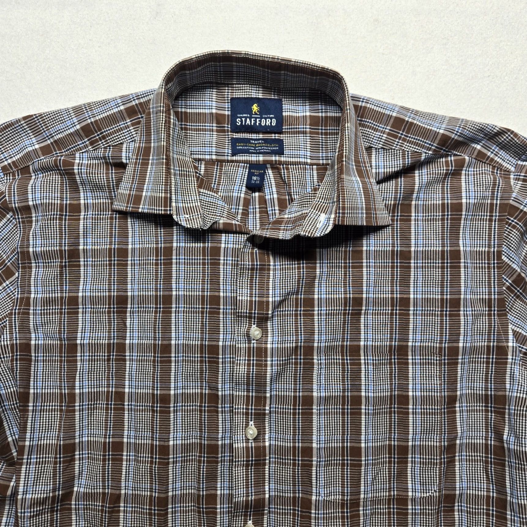 Stafford Stafford Shirt Button-Up Plaid Long Sleeve Regular Fit Men’s 16.5 Brown Cotton Blend Wool/Poly 32-33 Vintage? No – Travel Everyday Style Mens Size US L / EU 52-54 / 3 - 2 Thumbnail
