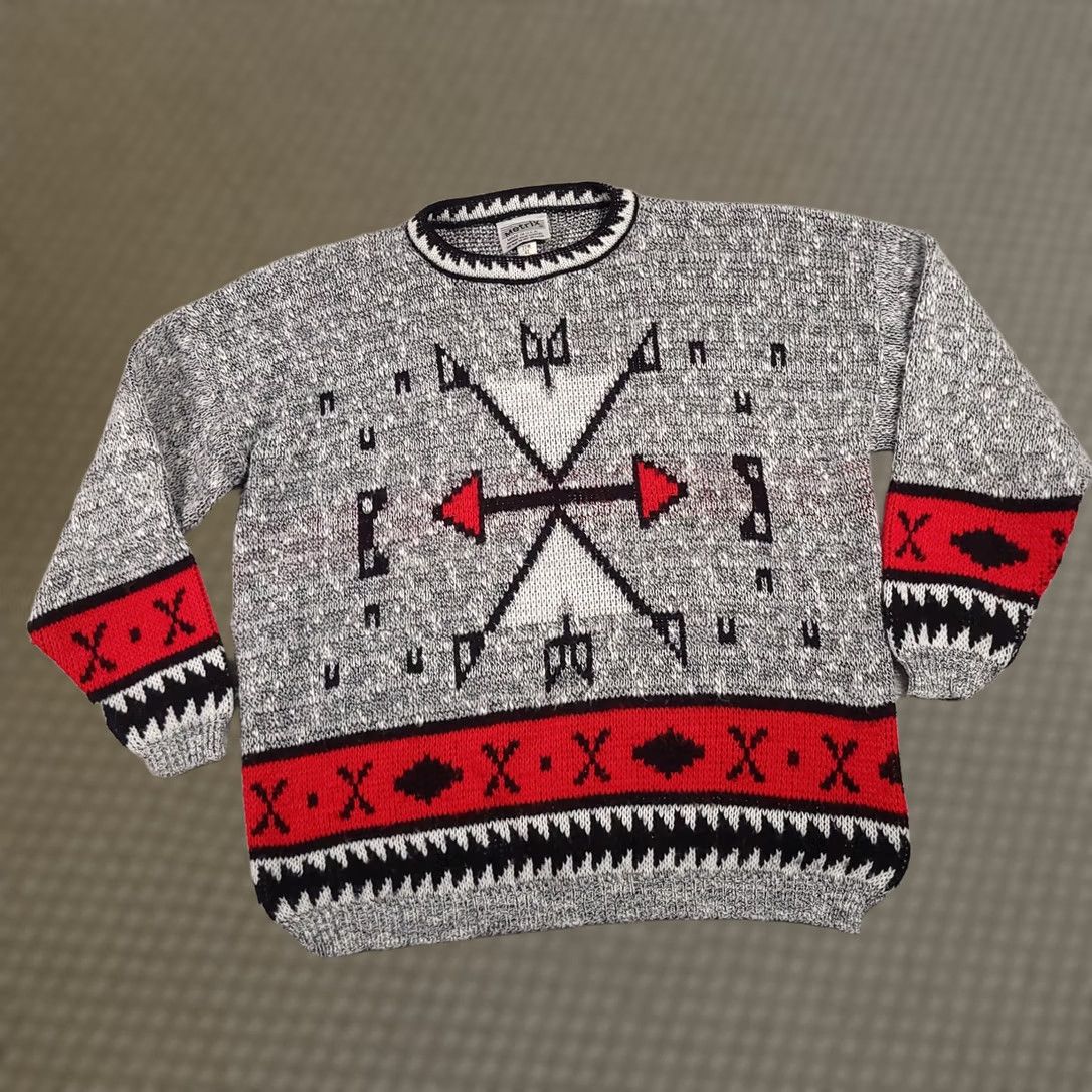 Vintage VINTAGE Metrix Sweater Woman's 22W Gray Red Aztec Southwestern Knit USA 90s Size 3XL / US 20-22 - 1 Thumbnail