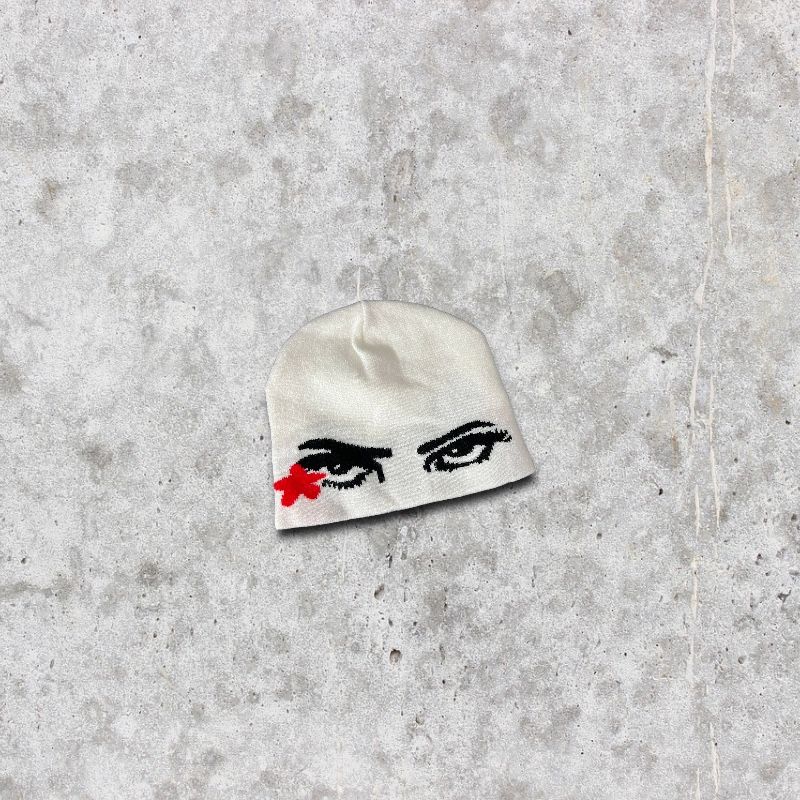Pre-owned Vintage Japanese Style Beanie Hat Eye Pattern Y2k In White
