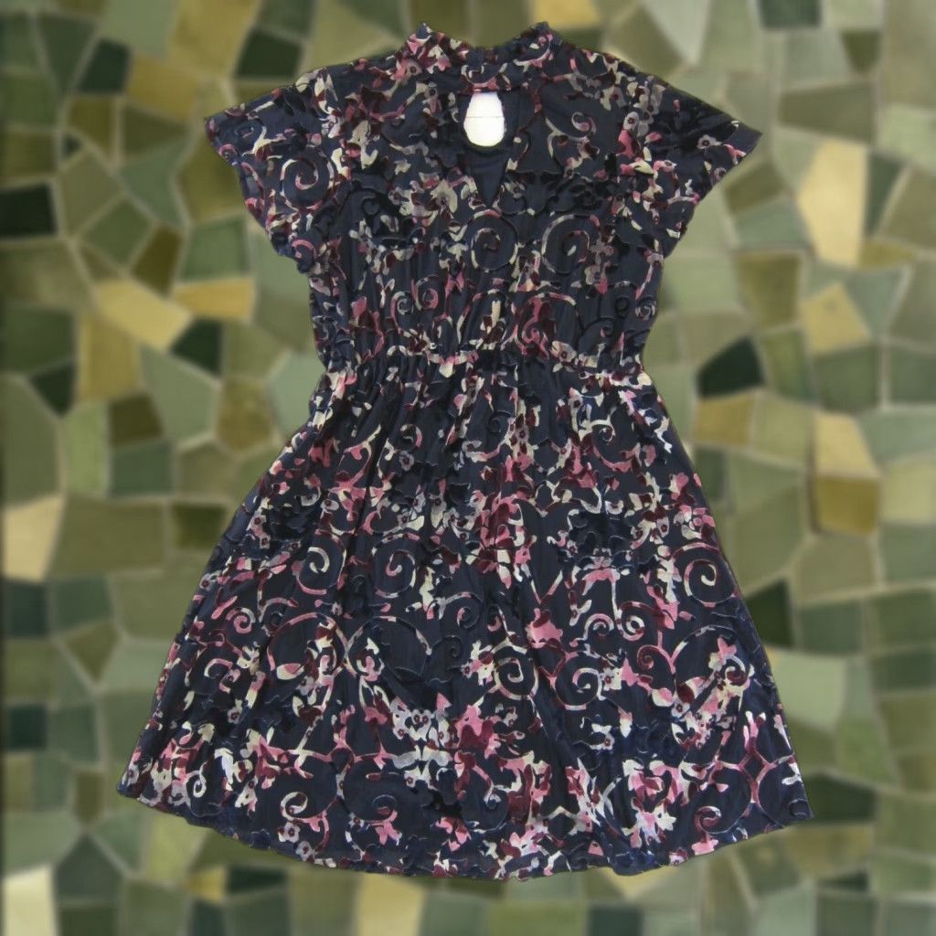 Vintage Bongo Blue Pink Floral Stretch Velvet High Neck Boho Sheath Empire Dress Small Women Short Sleeve Knee Length Size S / US 4 / IT 40 - 1 Thumbnail