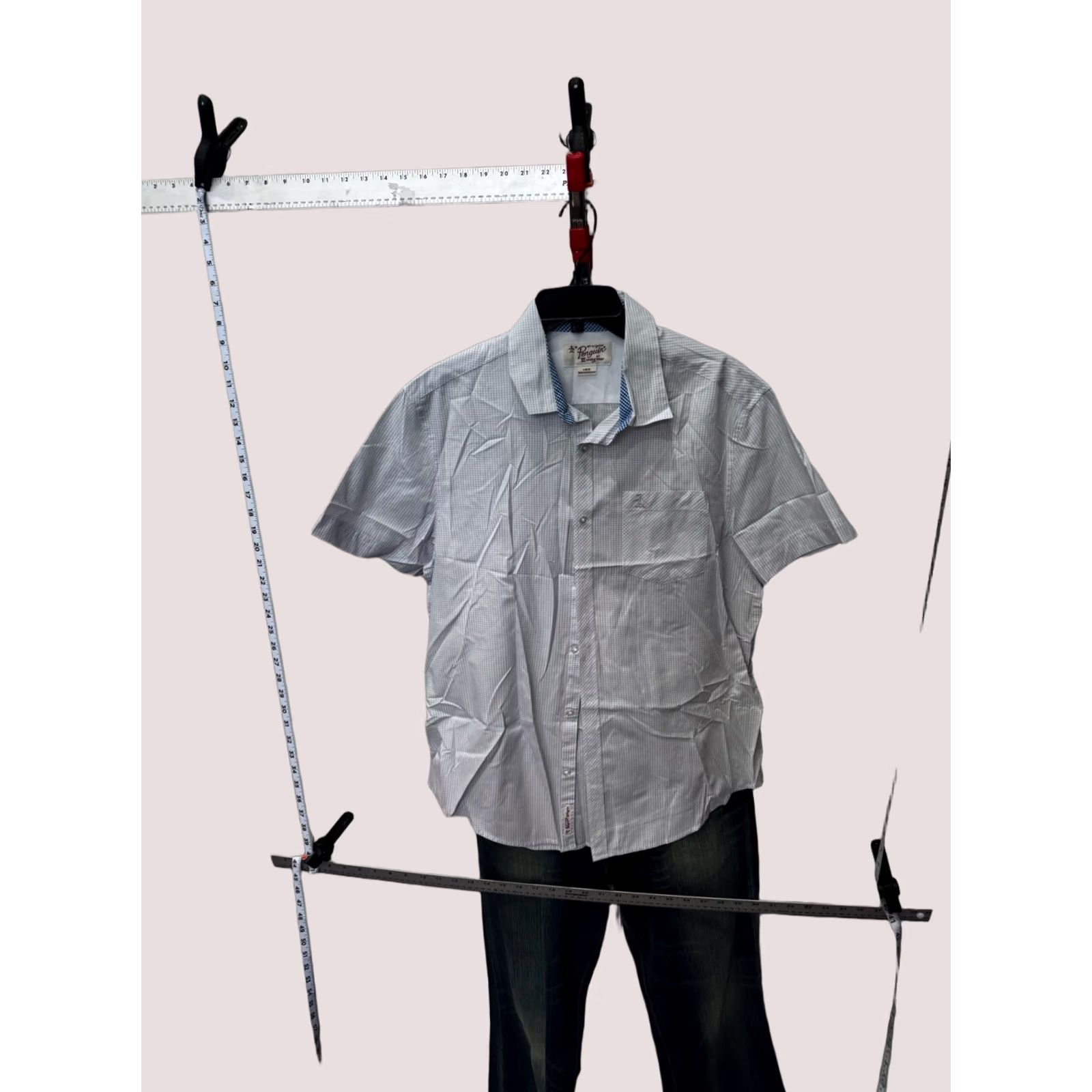 Vintage Penguin Shirt SHORT SLEEVE BUTTON UP Large L Slim Gray Check Mens Size US L / EU 52-54 / 3 - 1 Thumbnail