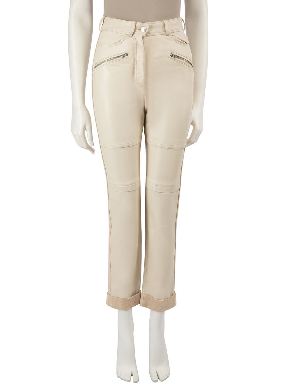 image of Iro Ecru Leather Aysel Slim Leg Trousers, Women's (Size 24)
