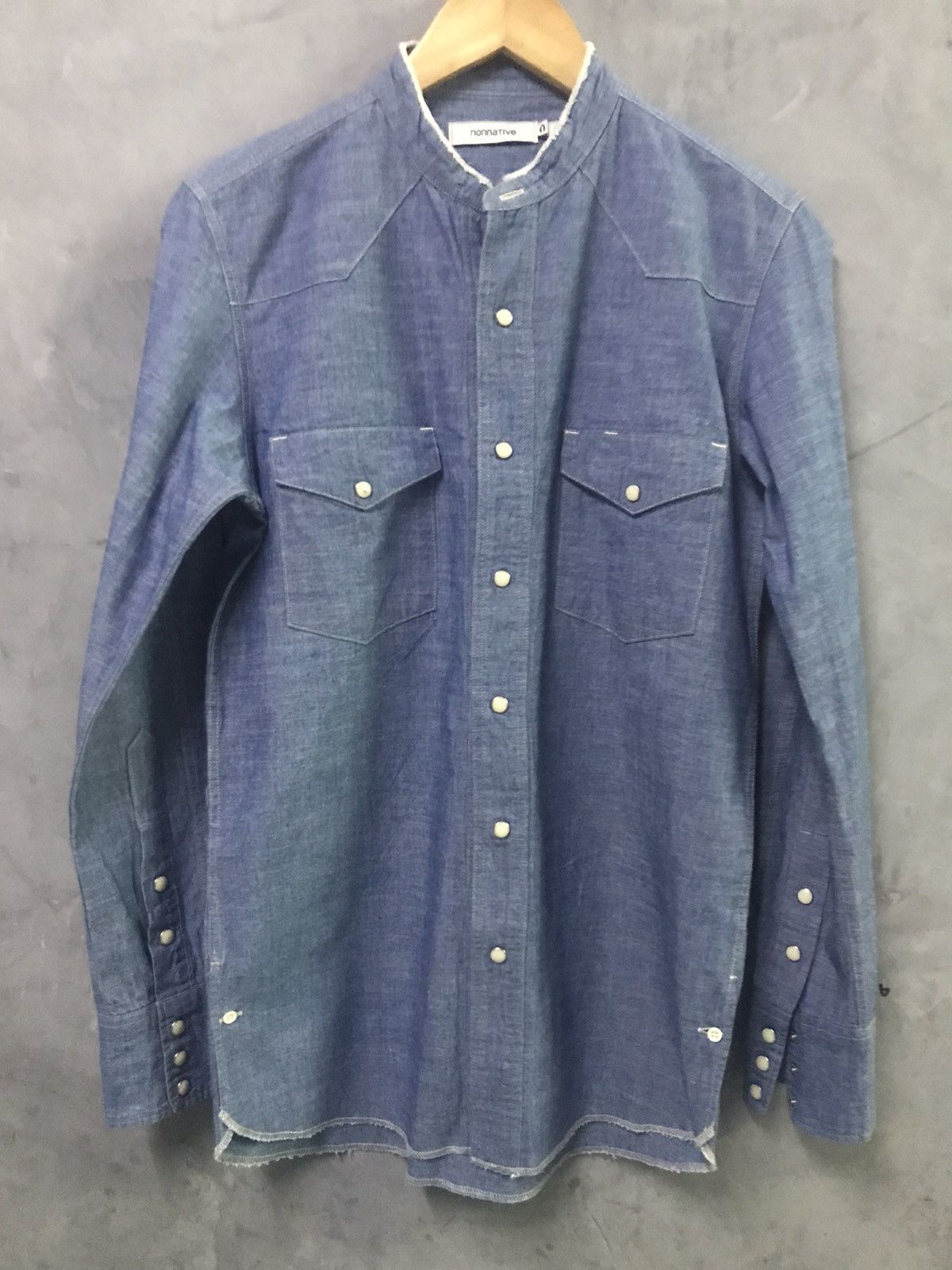 image of Nonnative - Mandarin Colar Chambray Shirt in Blue, Men's (Size Small)