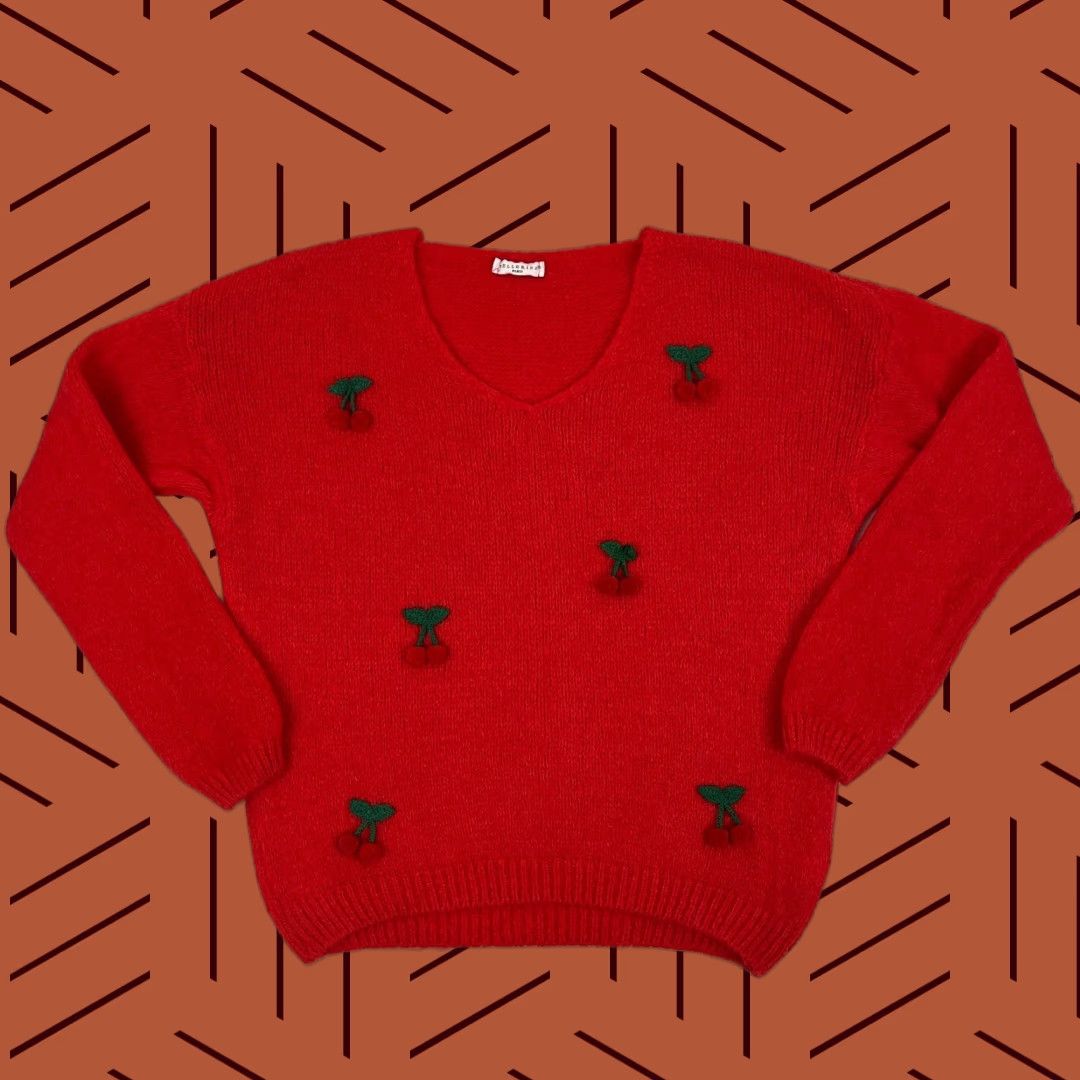 Vintage Bellerina Sweater Women M Red Paris Crop Cherries Mohair Wool Blend Jumper Size M / US 6-8 / IT 42-44 - 1 Thumbnail