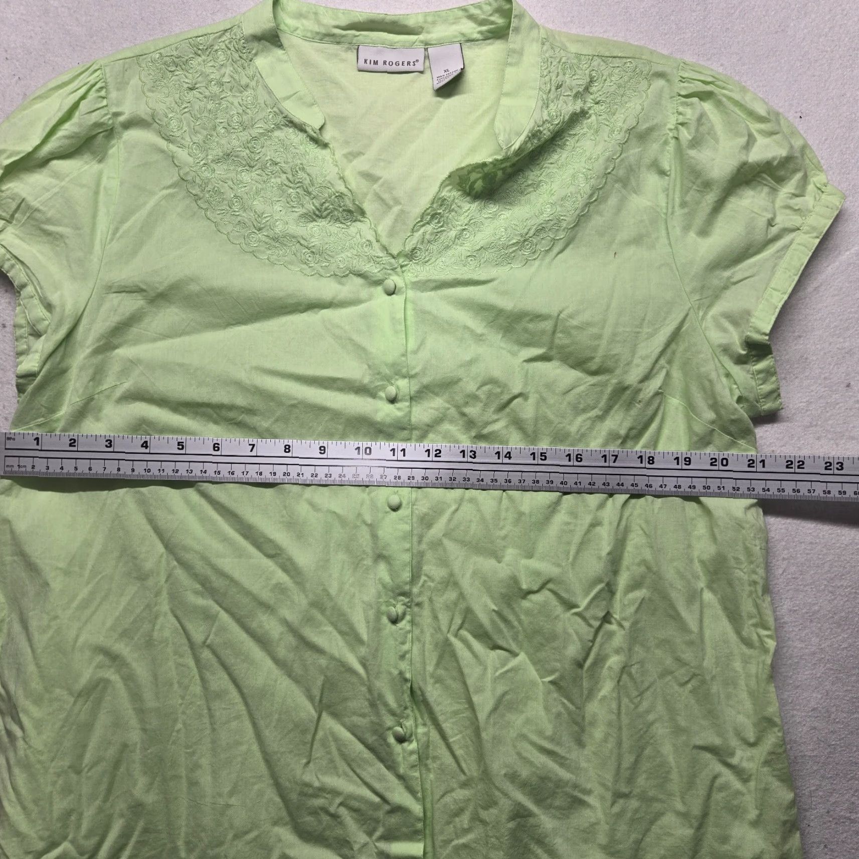Vintage Kim Rogers Shirt Green Linen Tunic Top Women XL Short Sleeve Button Down V-Neck Fall Spring Summer Pullover Peasant Style Size XL / US 12-14 / IT 48-50 - 3 Thumbnail